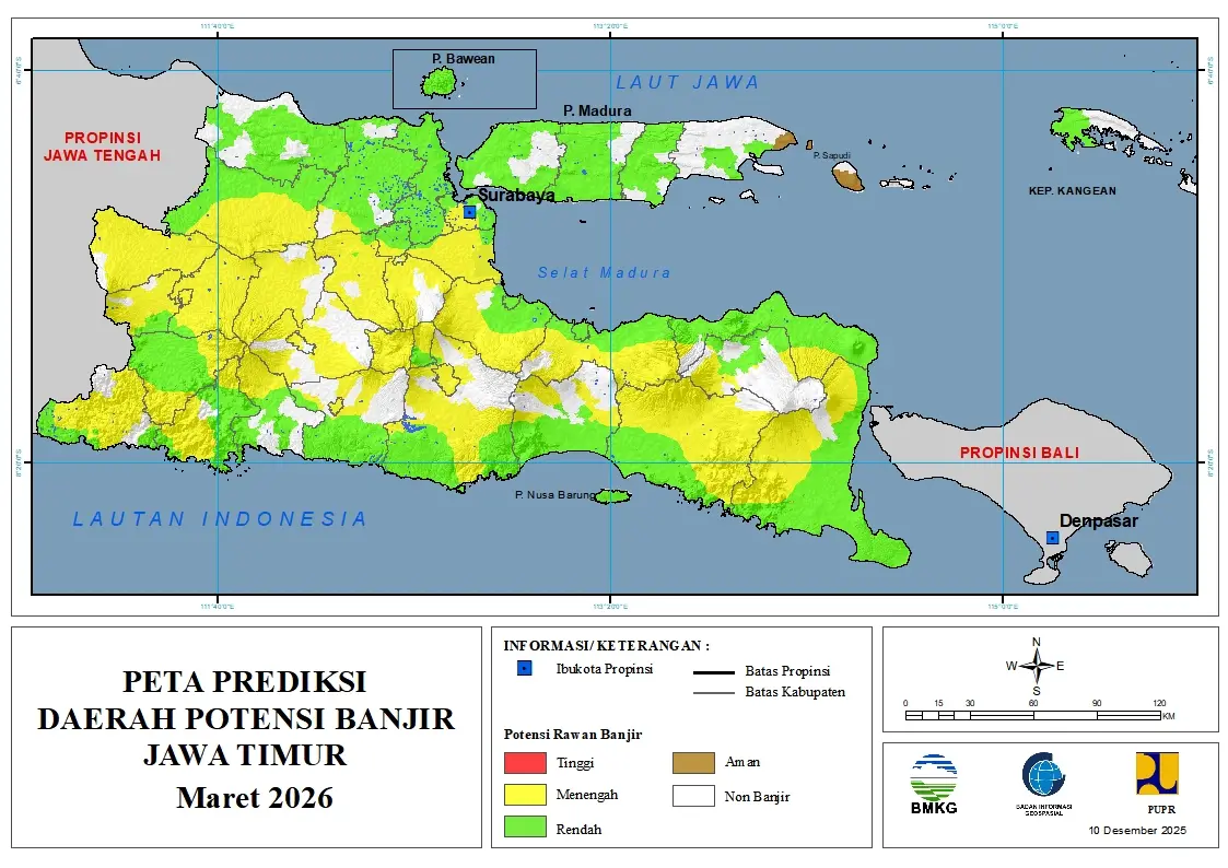( Prediksi - Bulanan ) Daerah Potensi Banjir untuk Bulan MARET Tahun 2026 Update 10 Desember 2025 di Provinsi Jawa Timur