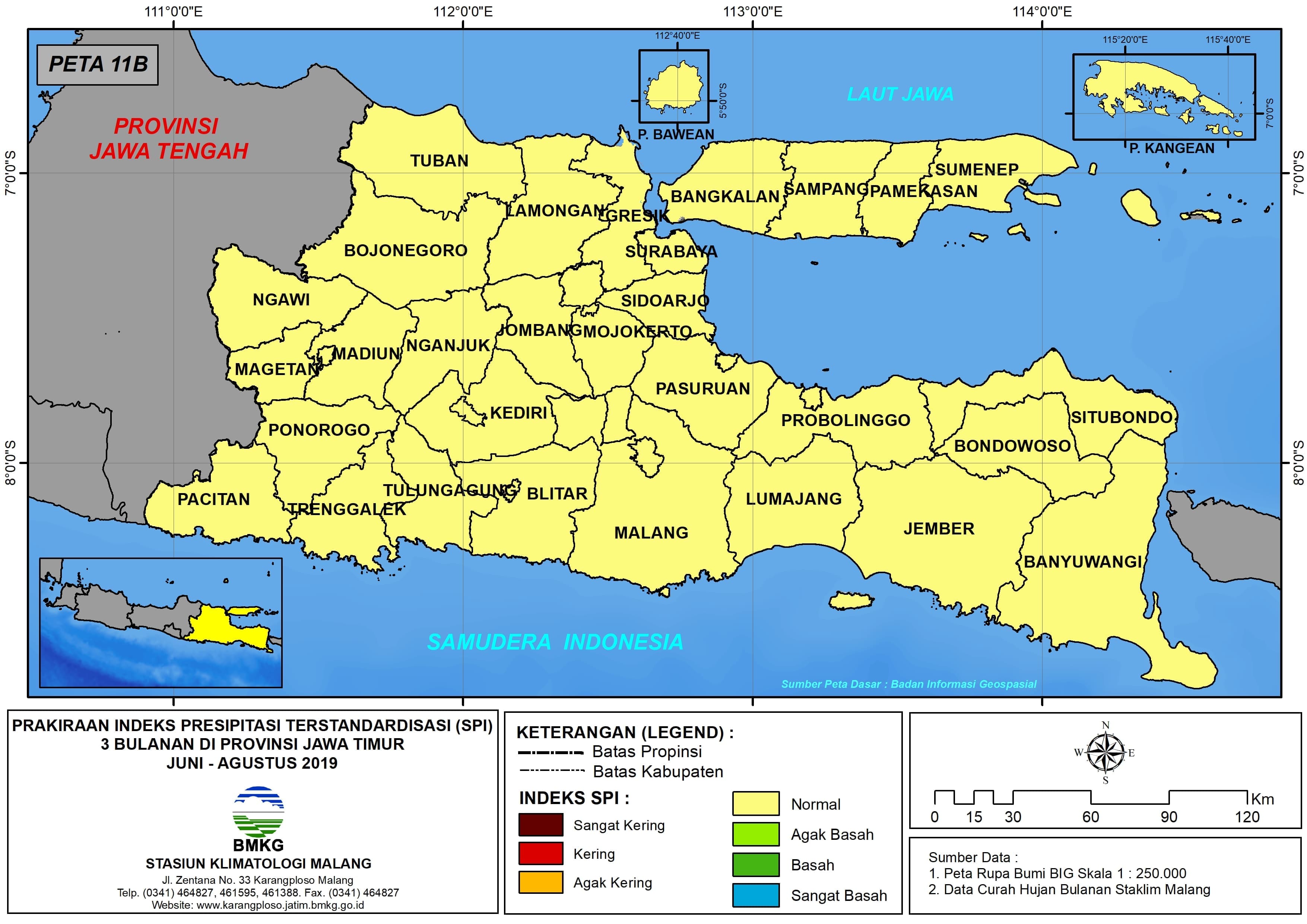 Prakiraan - Bulanan Indeks Presipitasi Terstandarisasi (SPI) 3 Bulanan di Provinsi Jawa Timur untuk Bulan JUNI - JULI -AGUSTUS Tahun 2019 Update dari Analisis Juni 2019