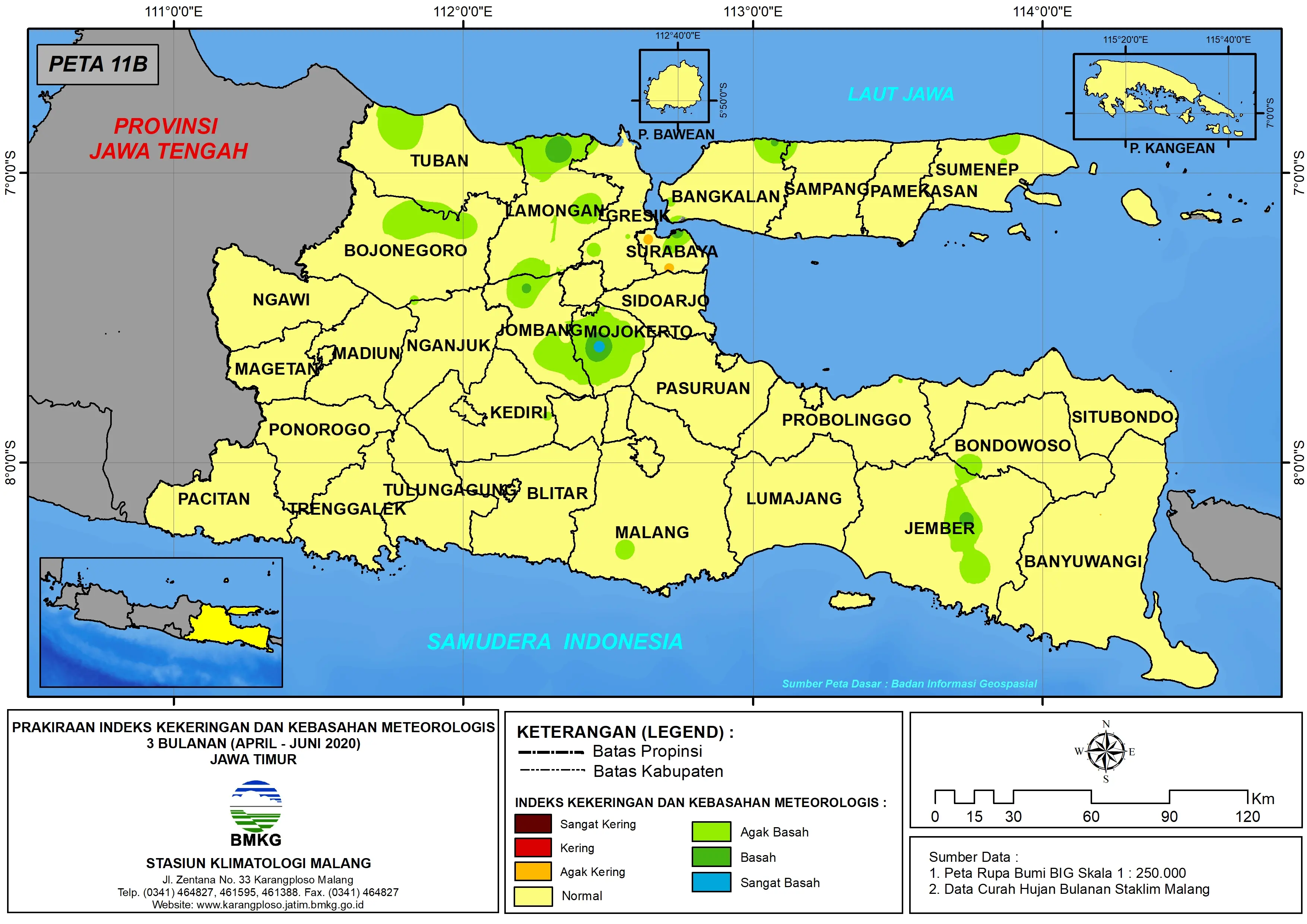 (Prakiraan - Bulanan) Indeks Kekeringan dan Kebasahan Meteorologis 3 Bulanan di Provinsi Jawa Timur untuk Bulan APRIL - MEI - JUNI Tahun 2020 Update dari Analisis Bulan April Tahun 2020