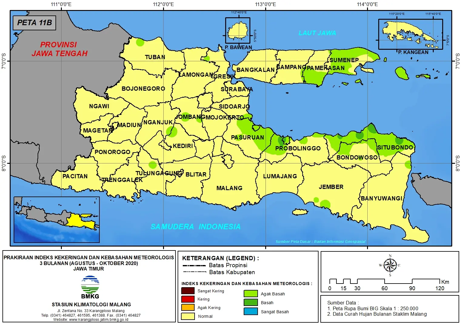 (Prakiraan - Bulanan) Indeks Kekeringan dan Kebasahan Meteorologis 3 Bulanan di Provinsi Jawa Timur untuk Bulan AGUSTUS - SEPTEMBER - OKTOBER Tahun 2020 Update dari Analisis Bulan Agustus Tahun 2020
