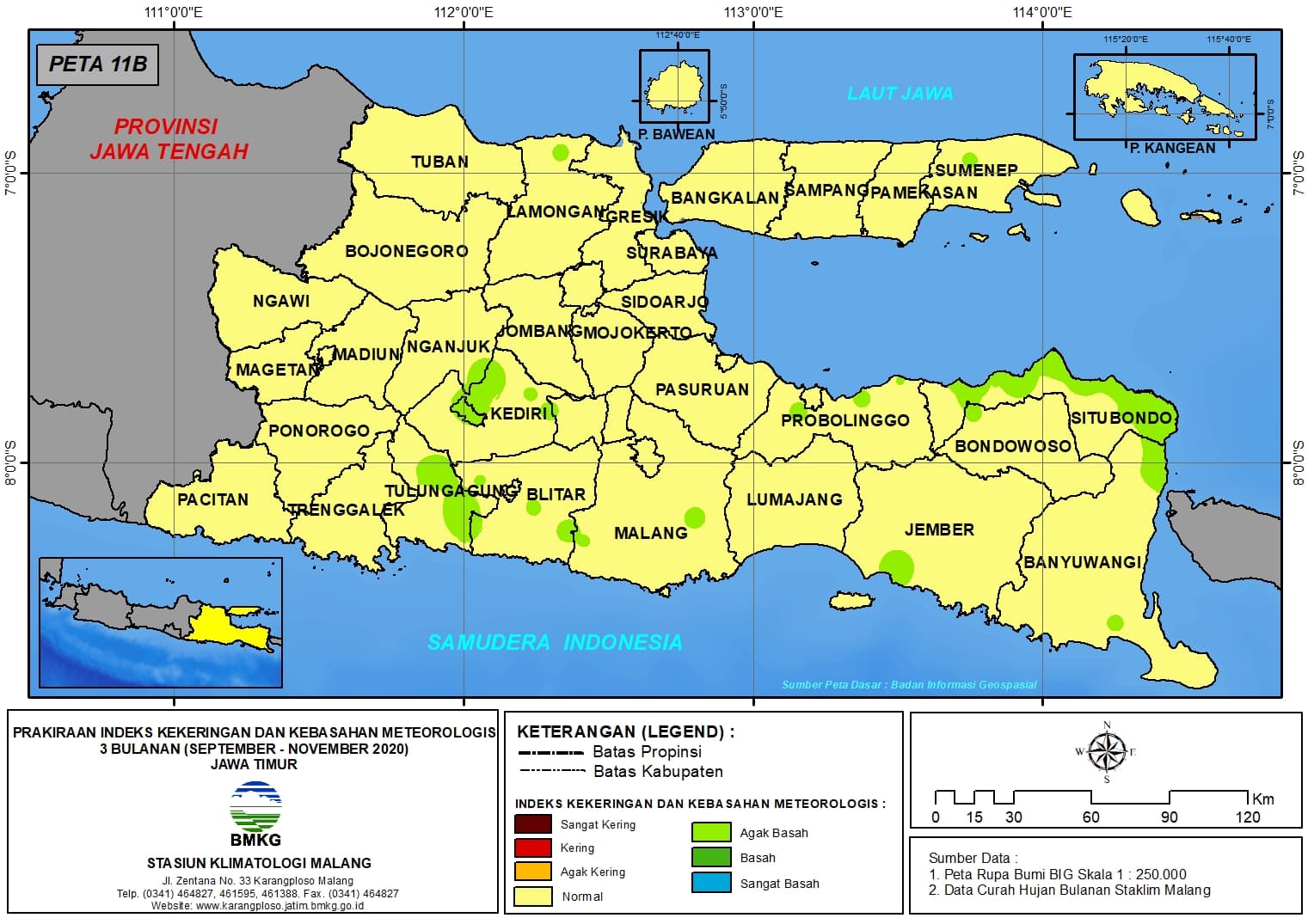 (Prakiraan - Bulanan) Indeks Kekeringan dan Kebasahan Meteorologis 3 Bulanan di Provinsi Jawa Timur untuk Bulan SEPTEMBER - OKTOBER - NOVEMBER Tahun 2020 Update dari Analisis Bulan September Tahun 2020