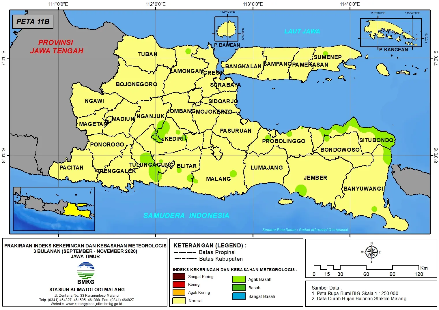 (Prakiraan - Bulanan) Indeks Kekeringan dan Kebasahan Meteorologis 3 Bulanan di Provinsi Jawa Timur untuk Bulan SEPTEMBER - OKTOBER - NOVEMBER Tahun 2020 Update dari Analisis Bulan September Tahun 2020