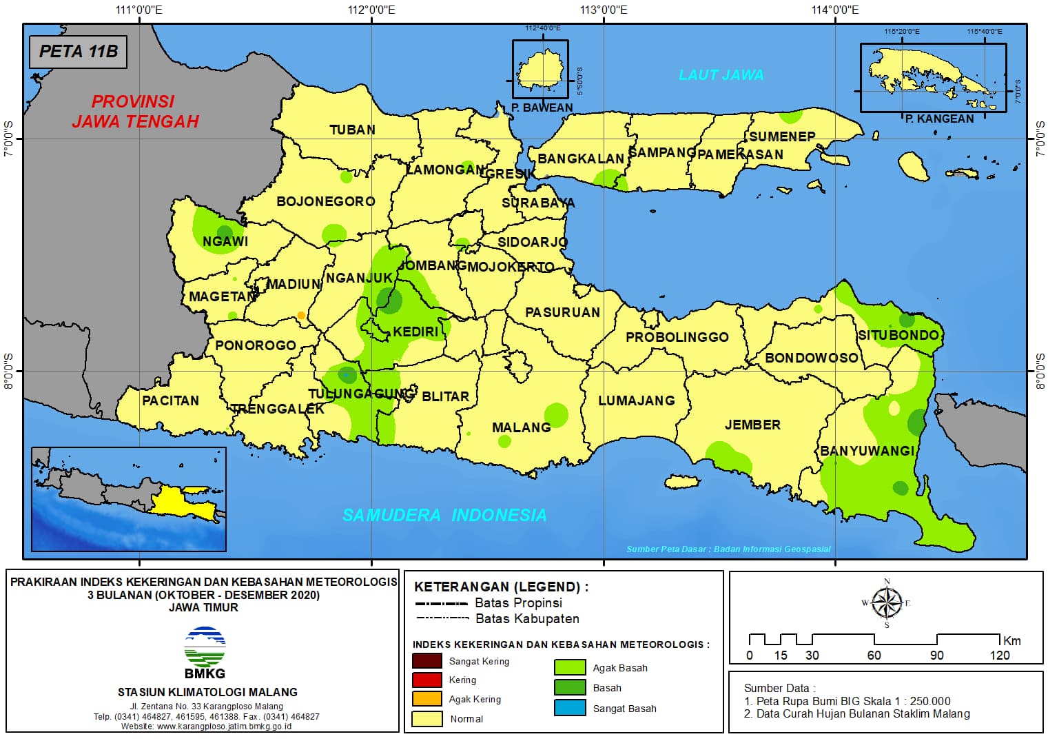 (Prakiraan - Bulanan) Indeks Kekeringan dan Kebasahan Meteorologis 3 Bulanan di Provinsi Jawa Timur untuk Bulan OKTOBER - NOVEMBER - DESEMBER Tahun 2020 Update dari Analisis Bulan Oktober Tahun 2020