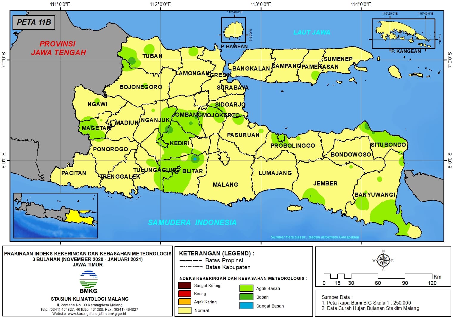 (Prakiraan - Bulanan) Indeks Kekeringan dan Kebasahan Meteorologis 3 Bulanan di Provinsi Jawa Timur untuk Bulan NOVEMBER - DESEMBER Tahun 2020 - JANUARI Tahun 2021 Update dari Analisis Bulan November Tahun 2020