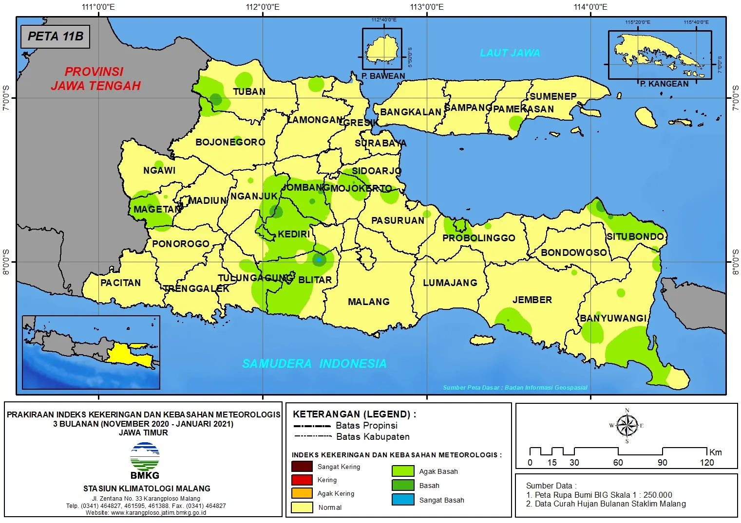 (Prakiraan - Bulanan) Indeks Kekeringan dan Kebasahan Meteorologis 3 Bulanan di Provinsi Jawa Timur untuk Bulan NOVEMBER - DESEMBER Tahun 2020 - JANUARI Tahun 2021 Update dari Analisis Bulan November Tahun 2020
