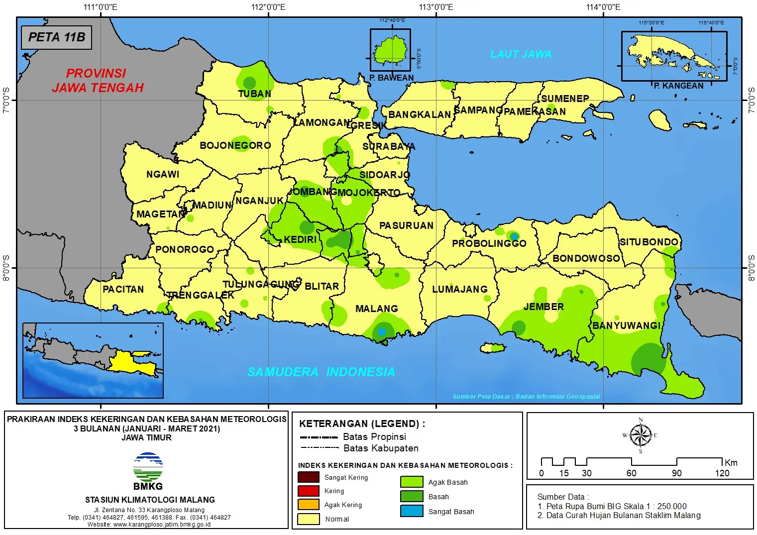 (Prakiraan - Bulanan) Indeks Kekeringan dan Kebasahan Meteorologis 3 Bulanan di Provinsi Jawa Timur untuk Bulan JANUARI - FEBRUARI - MARET Tahun 2021 Update dari Analisis Bulan Januari Tahun 2021