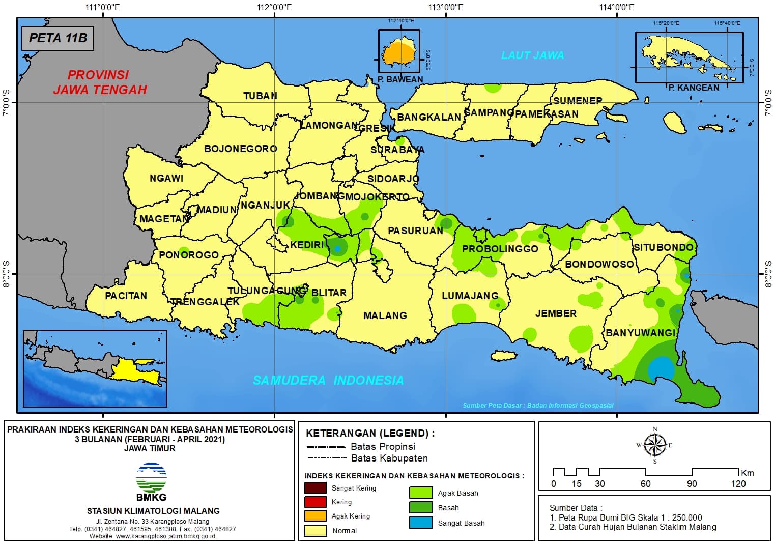 (Prakiraan - Bulanan) Indeks Kekeringan dan Kebasahan Meteorologis 3 Bulanan di Provinsi Jawa Timur untuk Bulan FEBRUARI - MARET - APRIL Tahun 2021 Update dari Analisis Bulan Februari Tahun 2021
