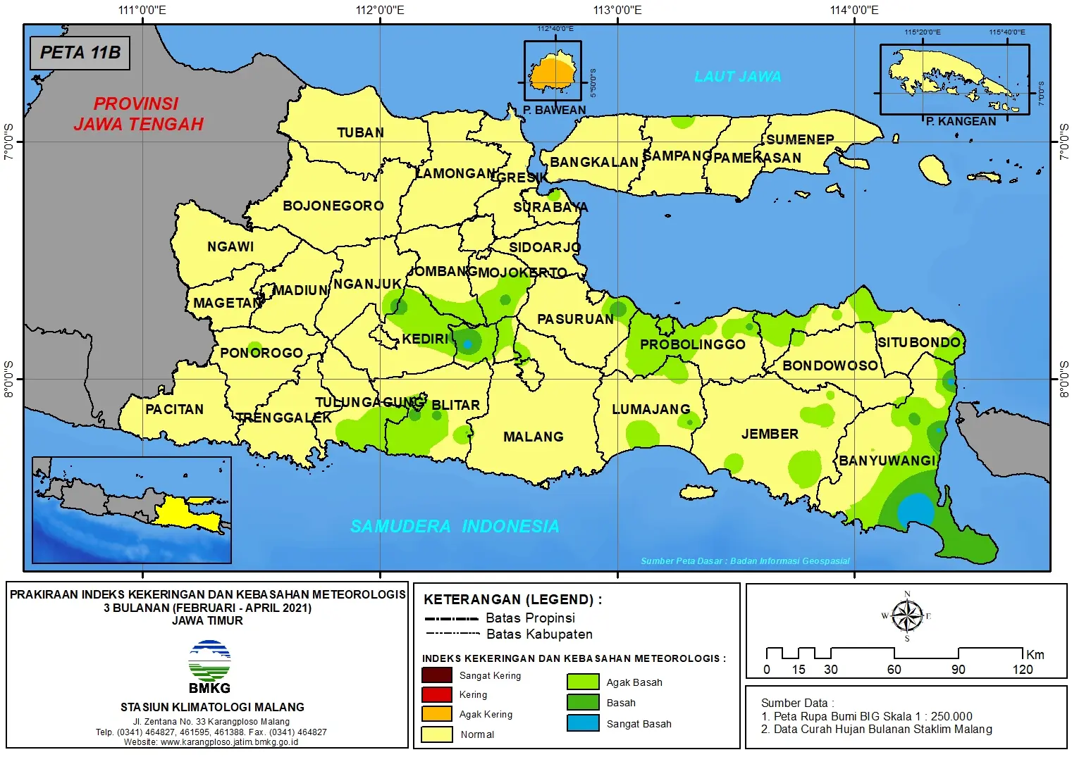 (Prakiraan - Bulanan) Indeks Kekeringan dan Kebasahan Meteorologis 3 Bulanan di Provinsi Jawa Timur untuk Bulan FEBRUARI - MARET - APRIL Tahun 2021 Update dari Analisis Bulan Februari Tahun 2021
