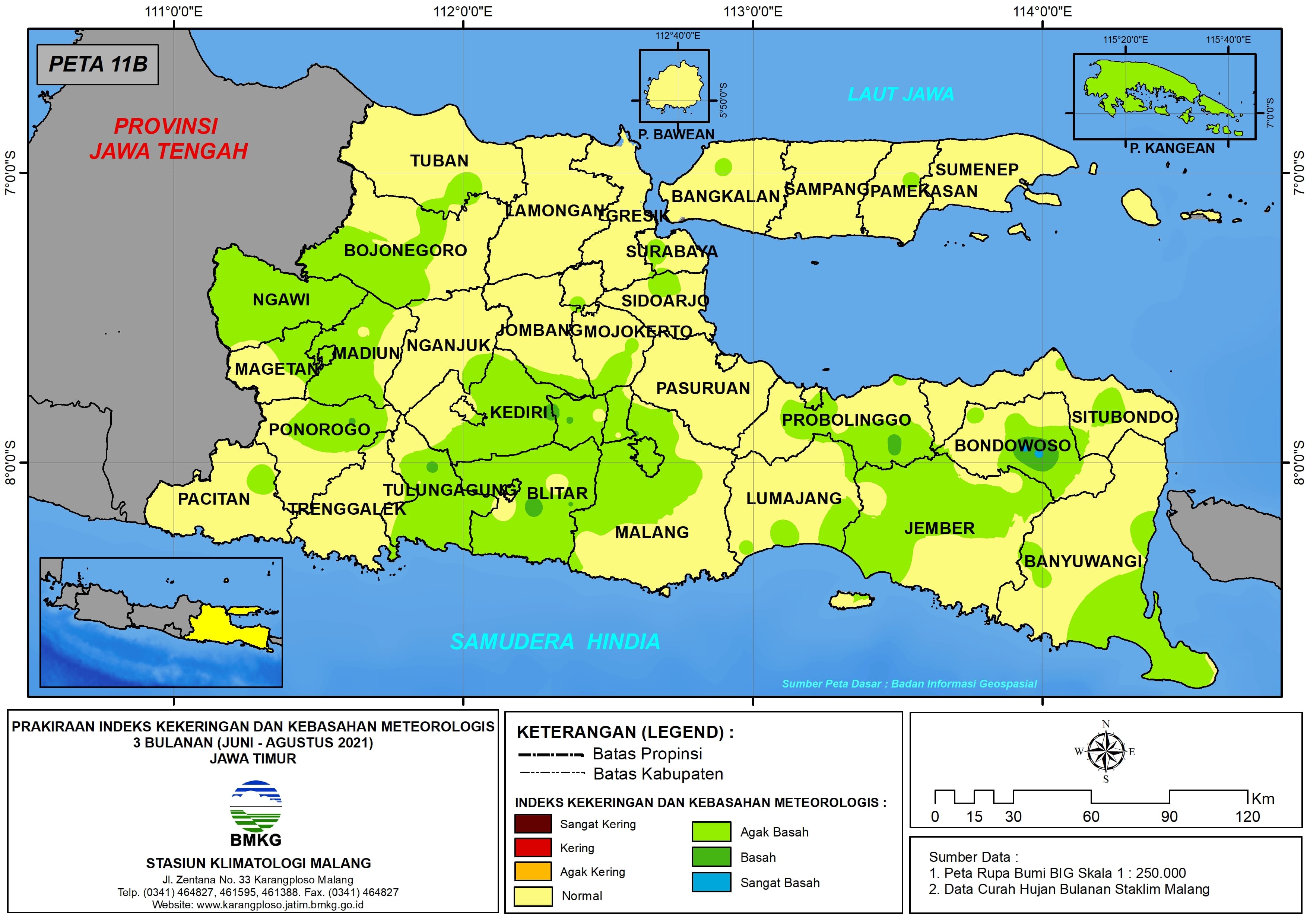 (Prakiraan - Bulanan) Indeks Kekeringan dan Kebasahan Meteorologis 3 Bulanan di Provinsi Jawa Timur untuk Bulan JUNI - JULI - AGUSTUS Tahun 2021 Update dari Analisis Bulan Juni Tahun 2021