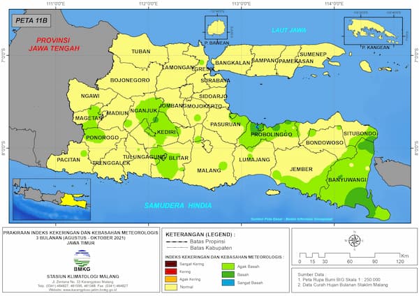 (Prakiraan - Bulanan) Indeks Kekeringan dan Kebasahan Meteorologis 3 Bulanan di Provinsi Jawa Timur untuk Bulan AGUSTUS - SEPTEMBER - OKTOBER Tahun 2021 Update dari Analisis Bulan Agustus Tahun 2021