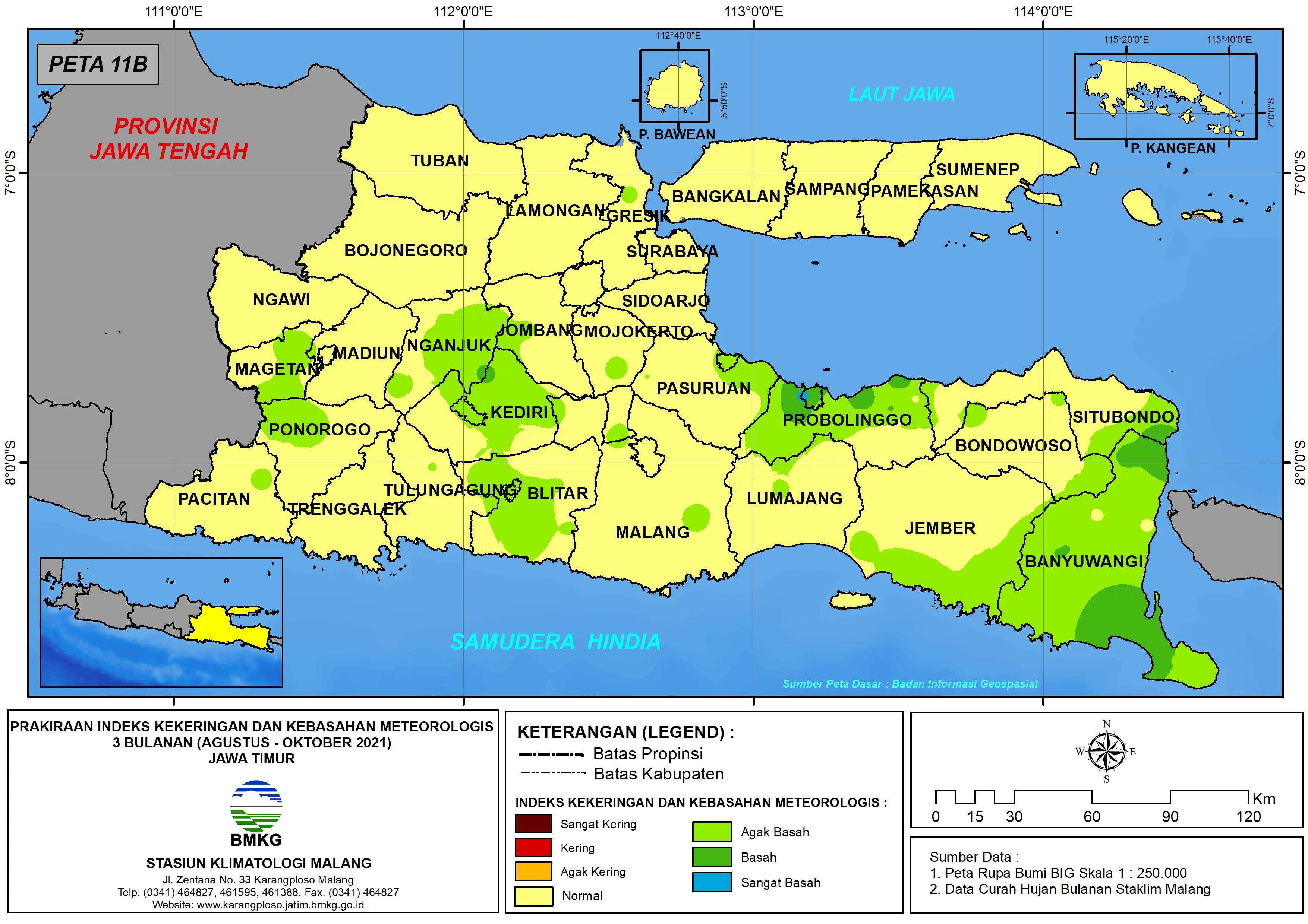 (Prakiraan - Bulanan) Indeks Kekeringan dan Kebasahan Meteorologis 3 Bulanan di Provinsi Jawa Timur untuk Bulan AGUSTUS - SEPTEMBER - OKTOBER Tahun 2021 Update dari Analisis Bulan Agustus Tahun 2021