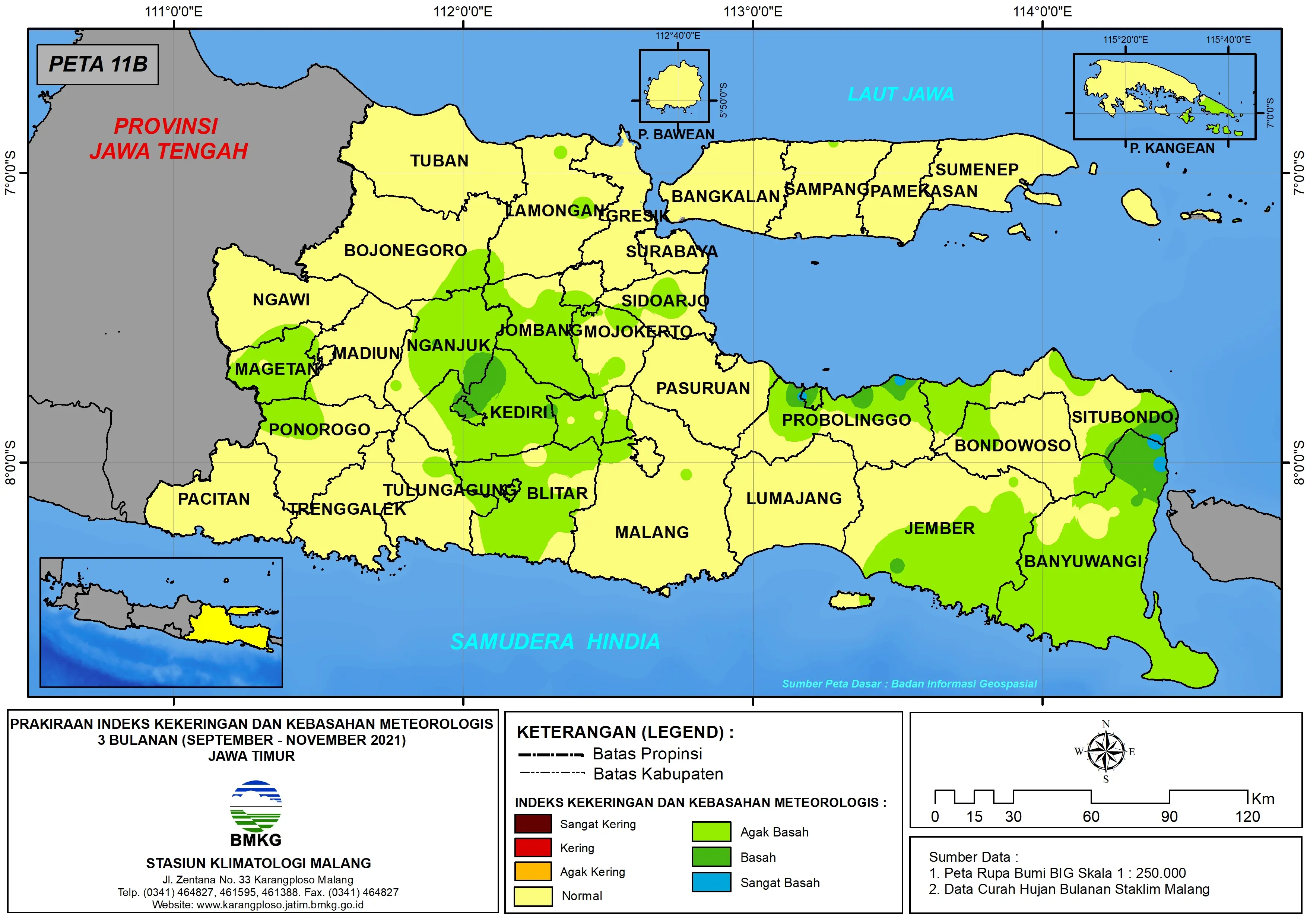 (Prakiraan - Bulanan) Indeks Kekeringan dan Kebasahan Meteorologis 3 Bulanan di Provinsi Jawa Timur untuk Bulan SEPTEMBER - OKTOBER - NOVEMBER Tahun 2021 Update dari Analisis Bulan September Tahun 2021