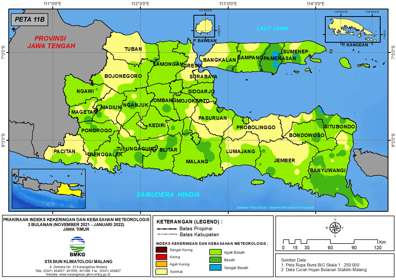 (Prakiraan - Bulanan) Indeks Kekeringan dan Kebasahan Meteorologis 3 Bulanan di Provinsi Jawa Timur untuk Bulan NOVEMBER - DESEMBER Tahun 2021 - JANUARI Tahun 2022 Update dari Analisis Bulan November Tahun 2021