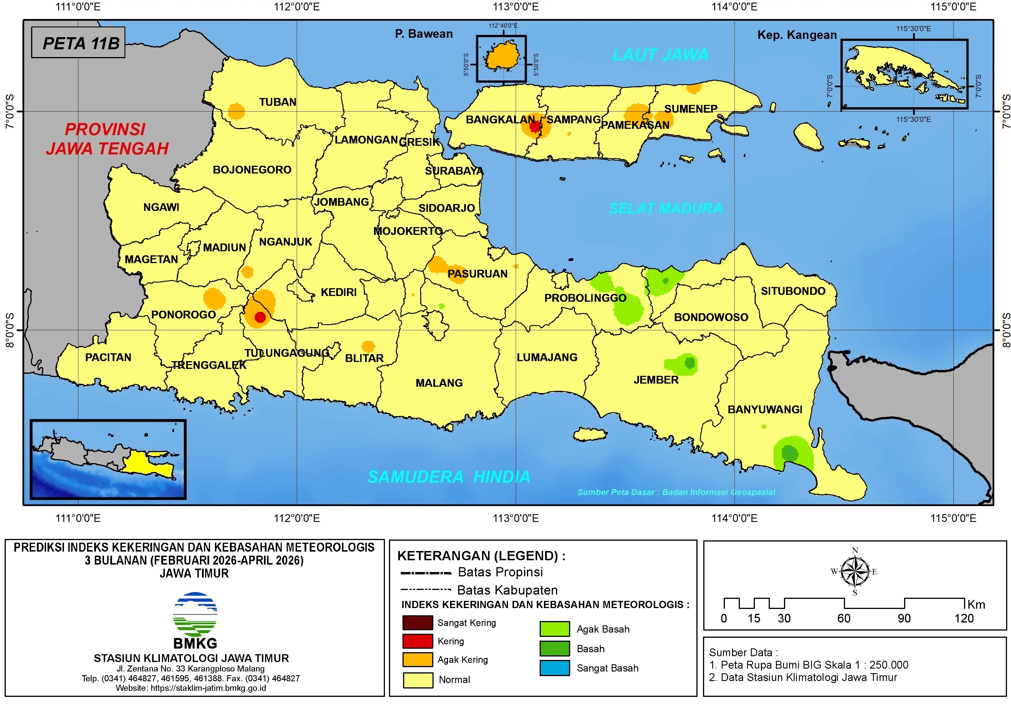 ( Prediksi - Bulanan ) Indeks Kekeringan dan Kebasahan Meteorologis 3 Bulanan di Provinsi Jawa Timur untuk Bulan FEBRUARI - MARET - APRIL Tahun 2026 Update dari Analisis Bulan Februari Tahun 2026