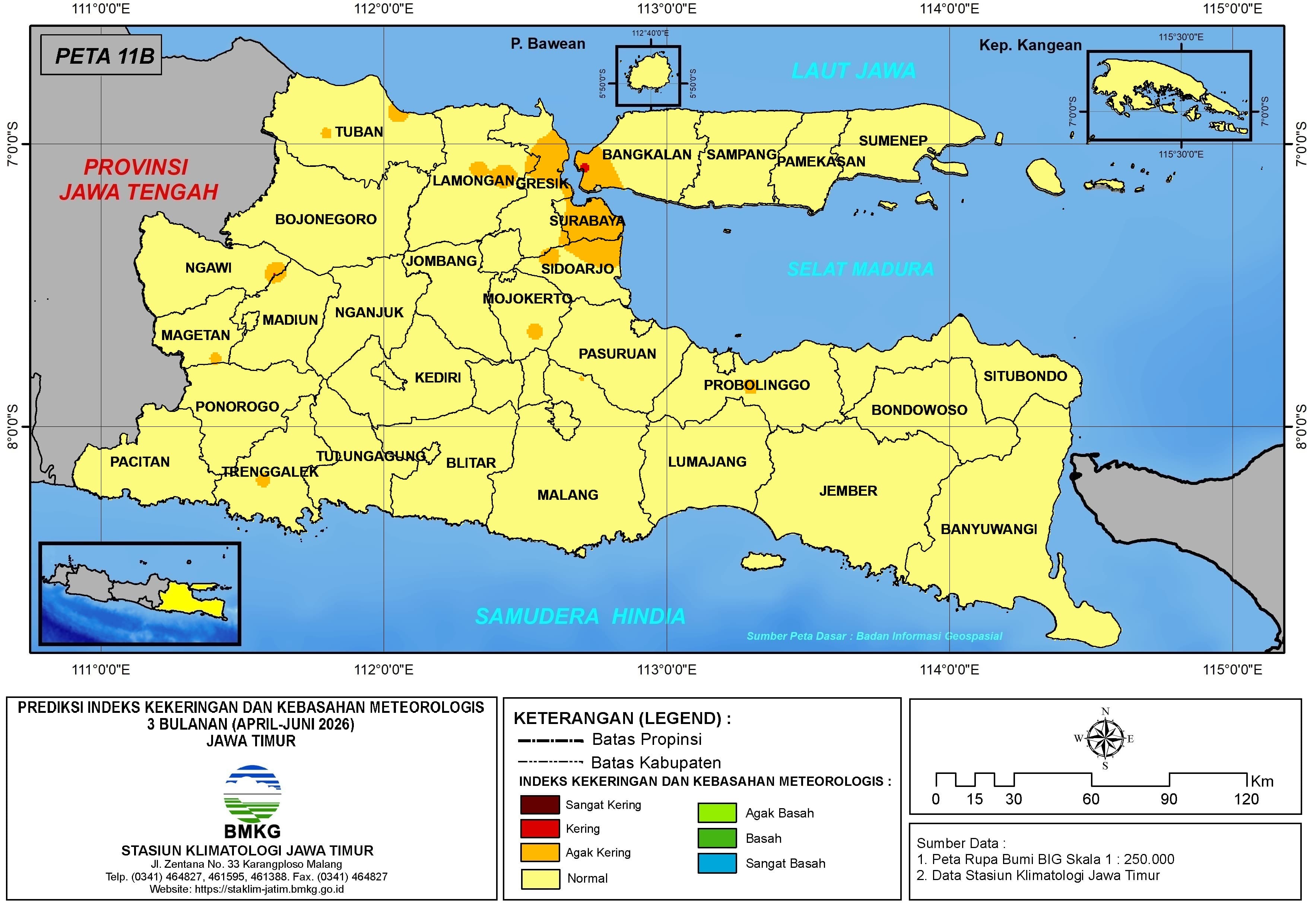 ( Prediksi - Bulanan ) Indeks Kekeringan dan Kebasahan Meteorologis 3 Bulanan di Provinsi Jawa Timur untuk Bulan APRIL - MEI - JUNI Tahun 2026 Update dari Analisis Bulan April Tahun 2026