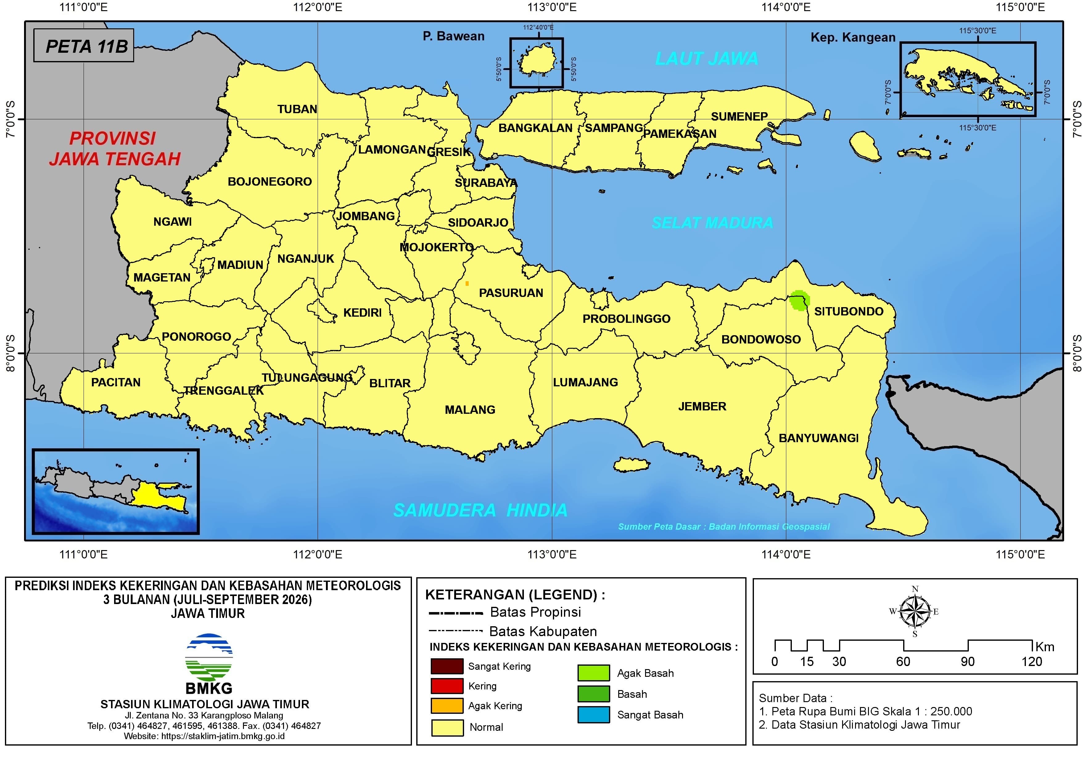 ( Prediksi - Bulanan ) Indeks Kekeringan dan Kebasahan Meteorologis 3 Bulanan di Provinsi Jawa Timur untuk Bulan JULI - AGUSTUS - SEPTEMBER Tahun 2026 Update dari Analisis Bulan Juli Tahun 2026