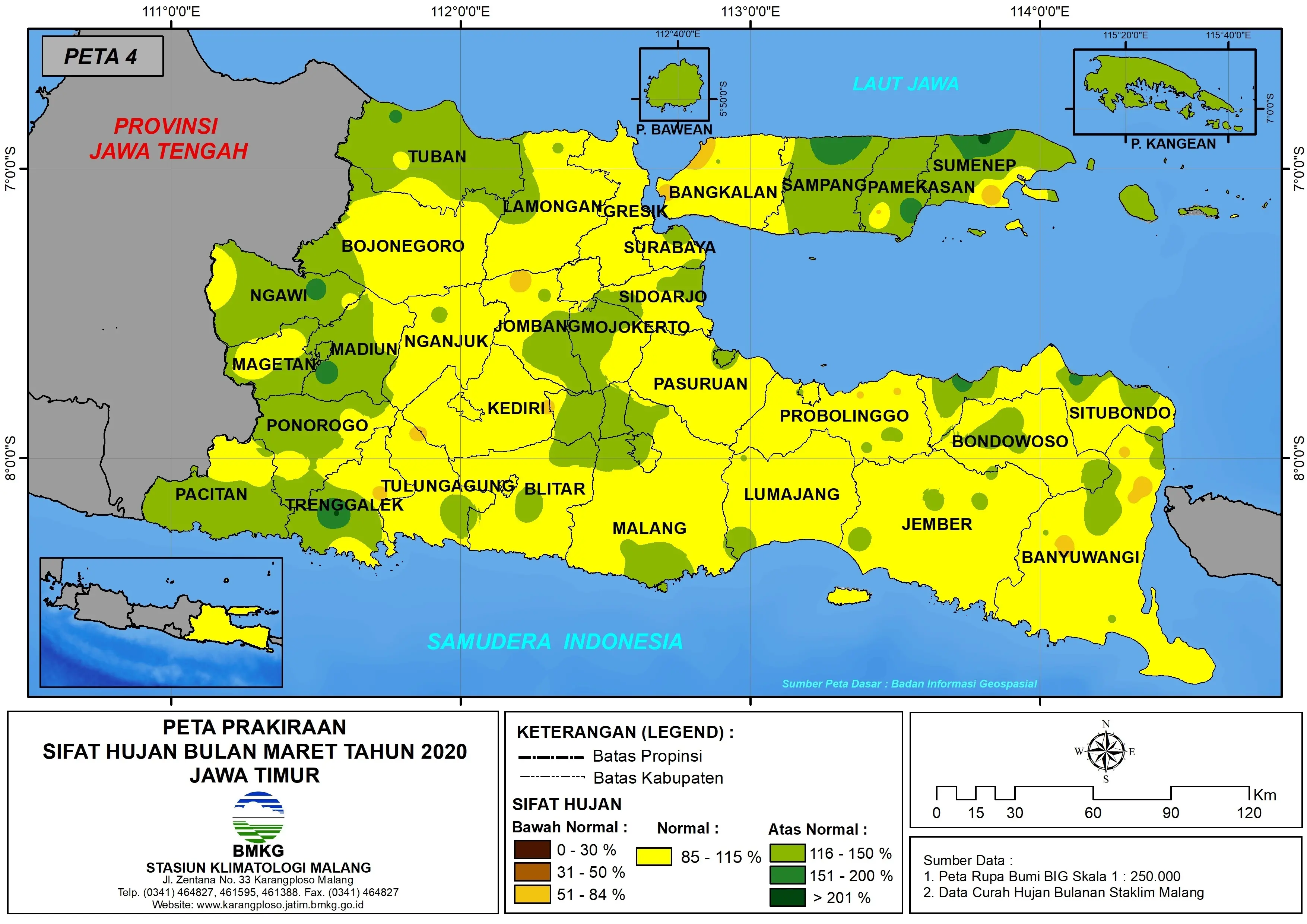 | Prakiraan - Bulanan | Sifat Hujan Bulan MARET Tahun 2020 - Update dari Analisis Bulan Januari 2020 di Provinsi Jawa Timur