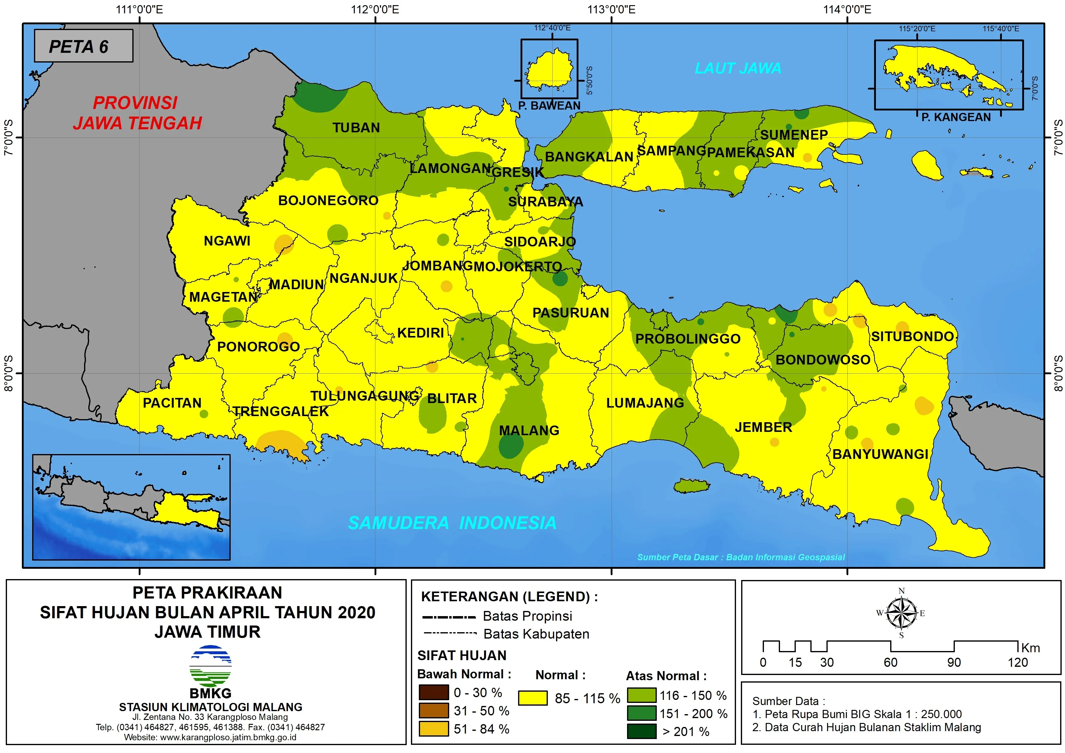 | Prakiraan - Bulanan | Sifat Hujan Bulan APRIL Tahun 2020 - Update dari Analisis Bulan Januari 2020 di Provinsi Jawa Timur