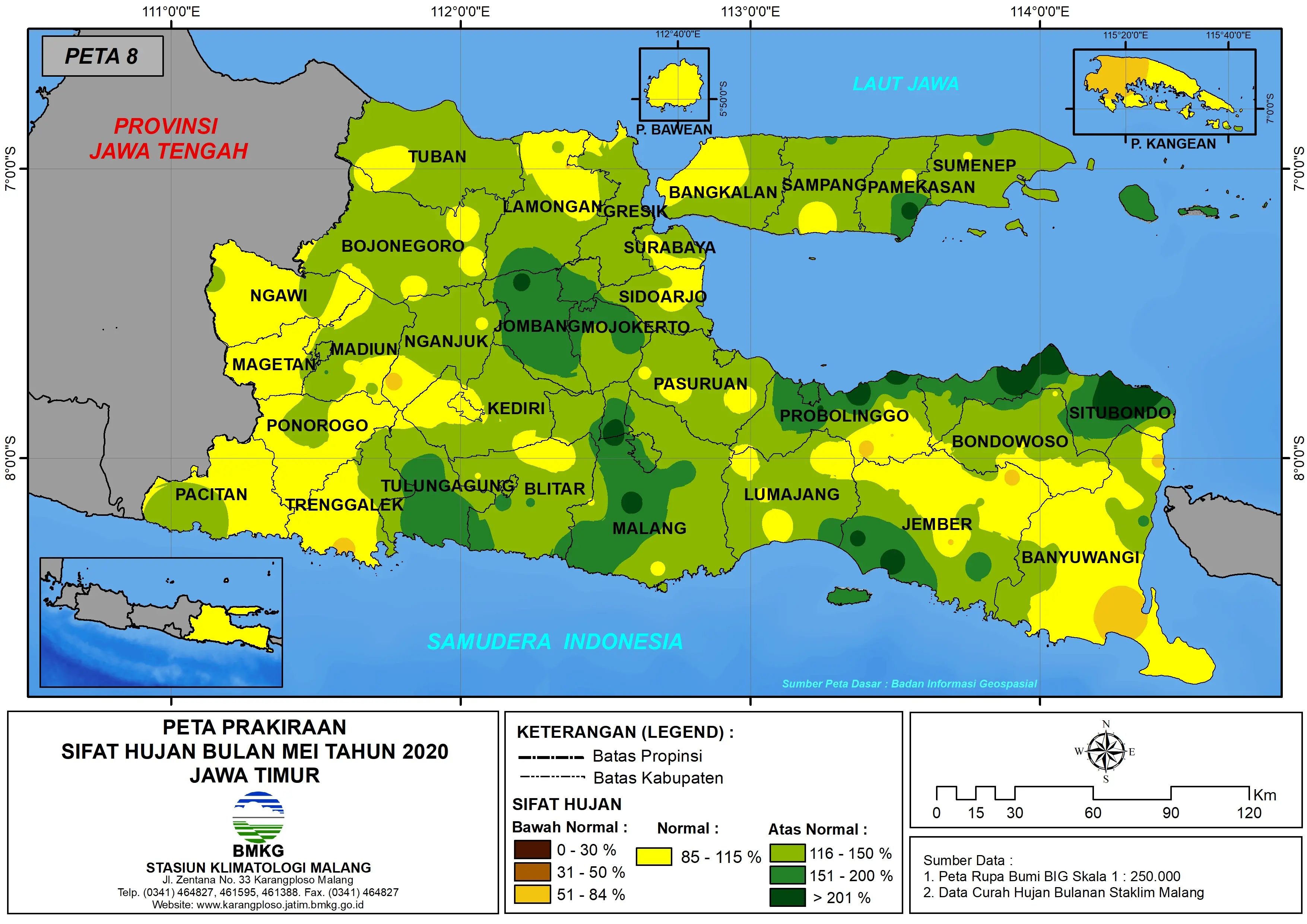 | Prakiraan - Bulanan | Sifat Hujan Bulan MEI Tahun 2020 - Update dari Analisis Bulan Januari 2020 di Provinsi Jawa Timur