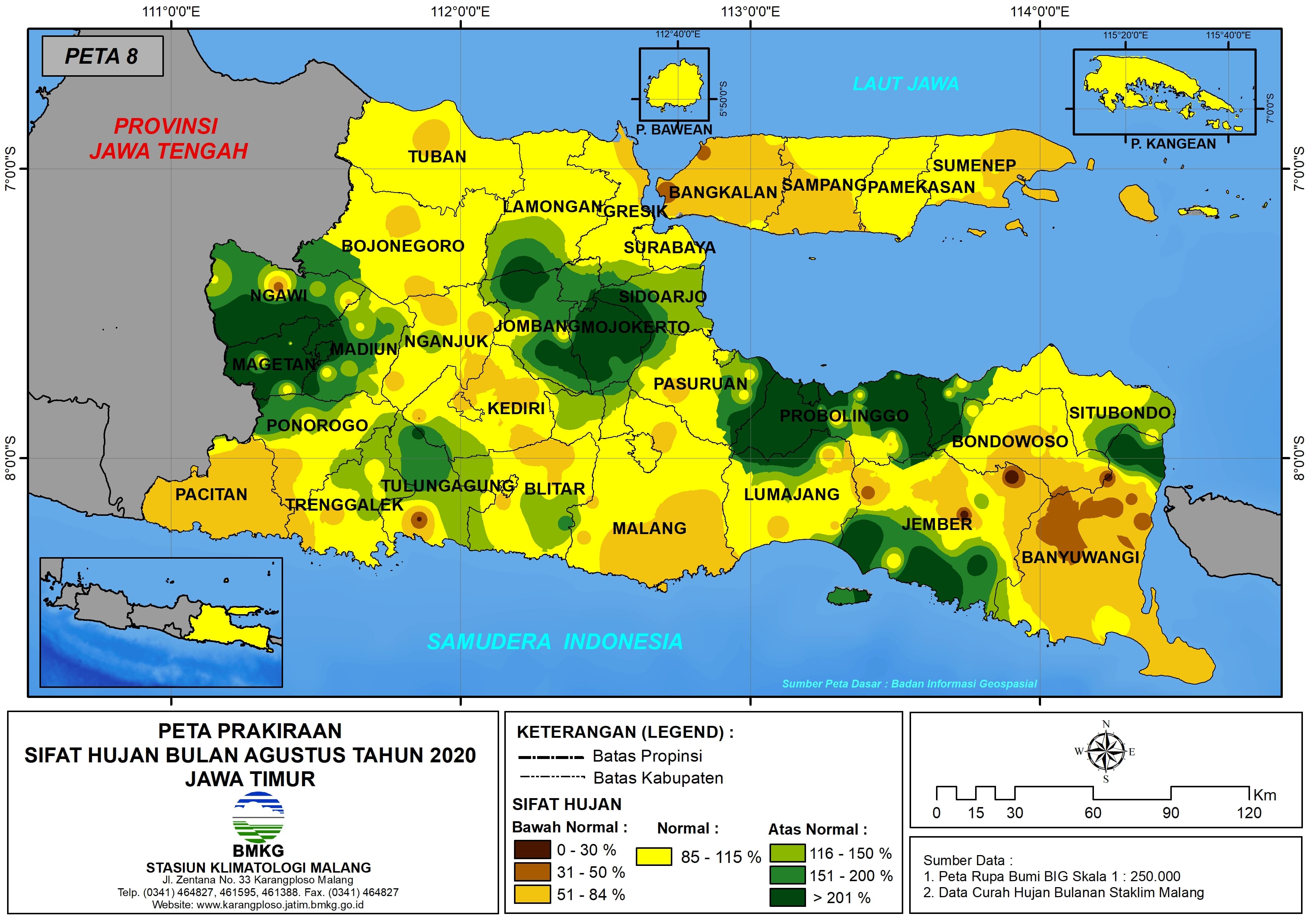 (Prakiraan - Bulanan) Sifat Hujan Bulan AGUSTUS Tahun 2020 - Update dari Analisis Bulan April 2020 di Provinsi Jawa Timur