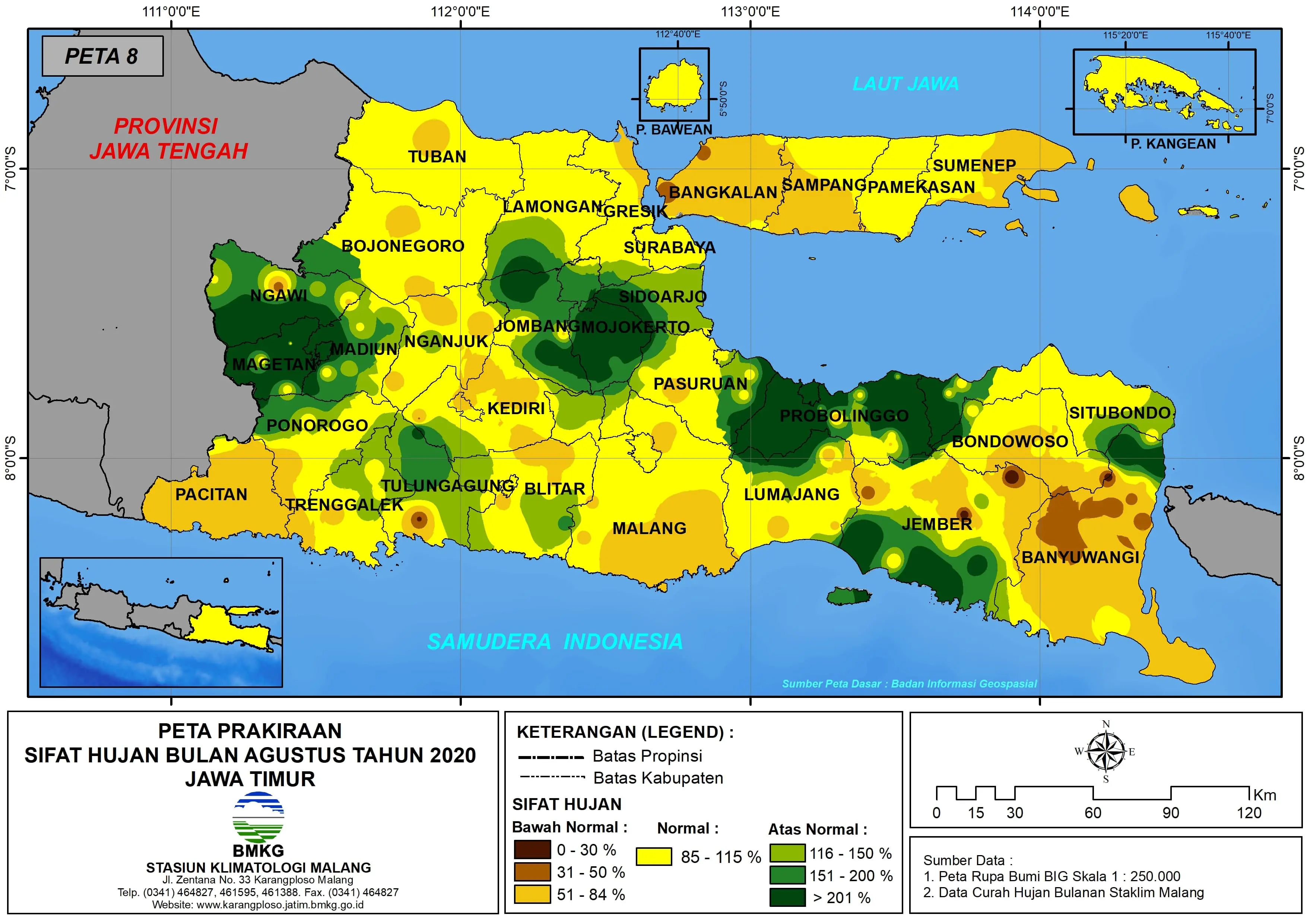 (Prakiraan - Bulanan) Sifat Hujan Bulan AGUSTUS Tahun 2020 - Update dari Analisis Bulan April 2020 di Provinsi Jawa Timur