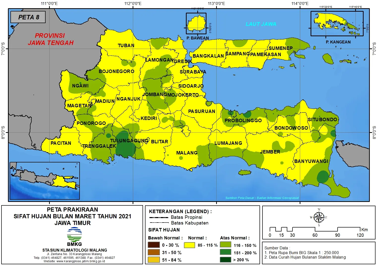 (Prakiraan - Bulanan) Sifat Hujan Bulan MARET Tahun 2021 - Update dari Analisis Bulan November Tahun 2020 di Provinsi Jawa Timur