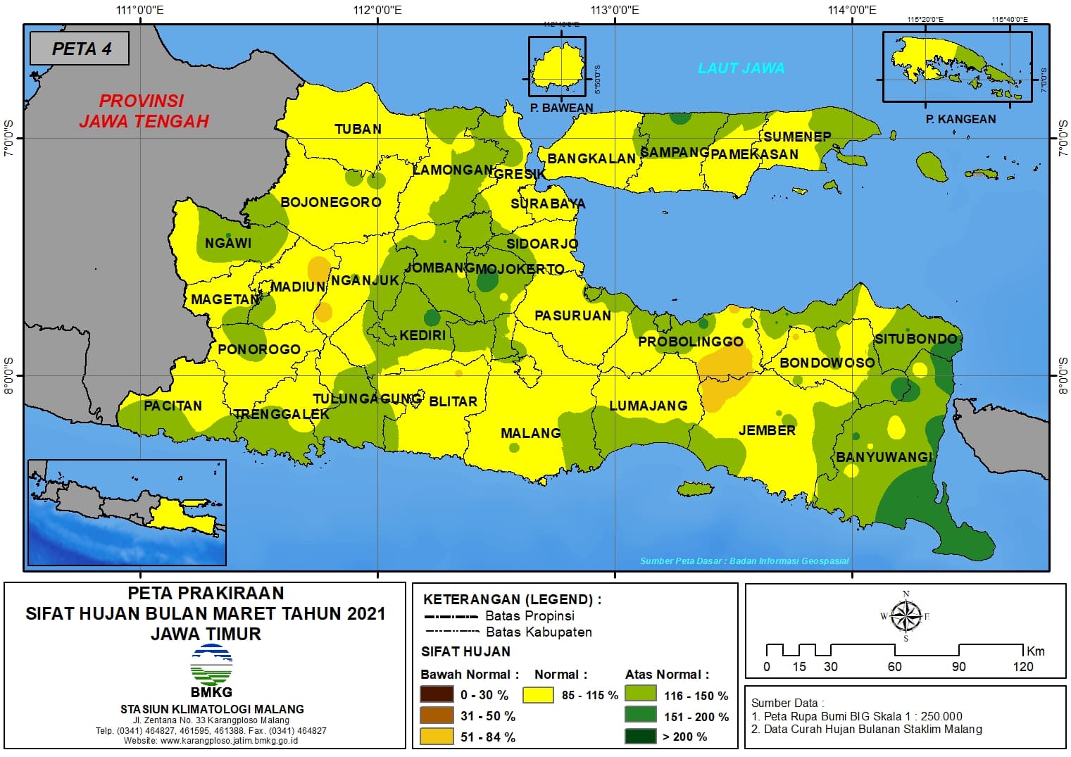 (Prakiraan - Bulanan) Sifat Hujan Bulan MARET Tahun 2021 - Update dari Analisis Bulan Januari Tahun 2021 di Provinsi Jawa Timur