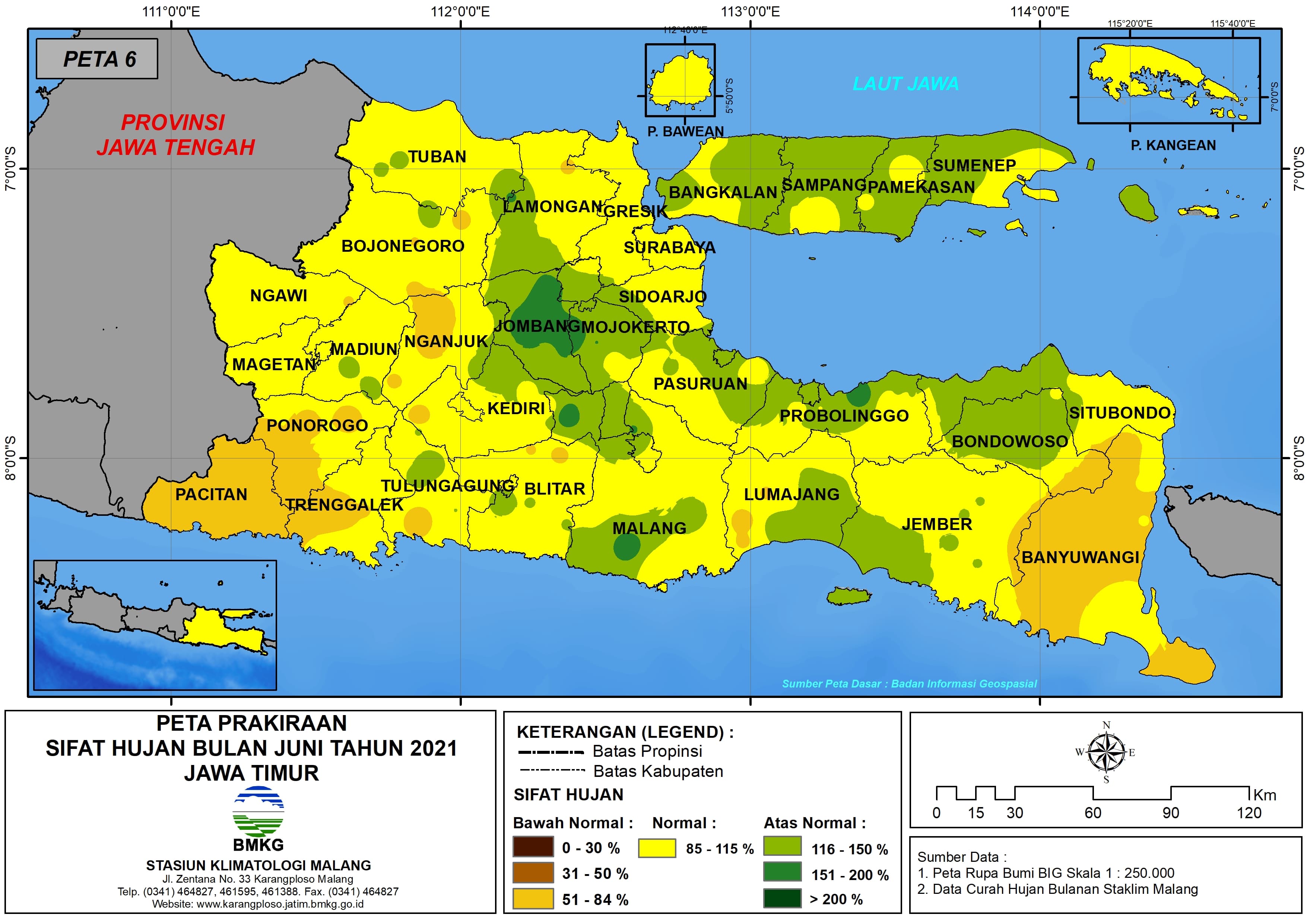 (Prakiraan - Bulanan) Sifat Hujan Bulan JUNI Tahun 2021 - Update dari Analisis Bulan Maret Tahun 2021 di Provinsi Jawa Timur