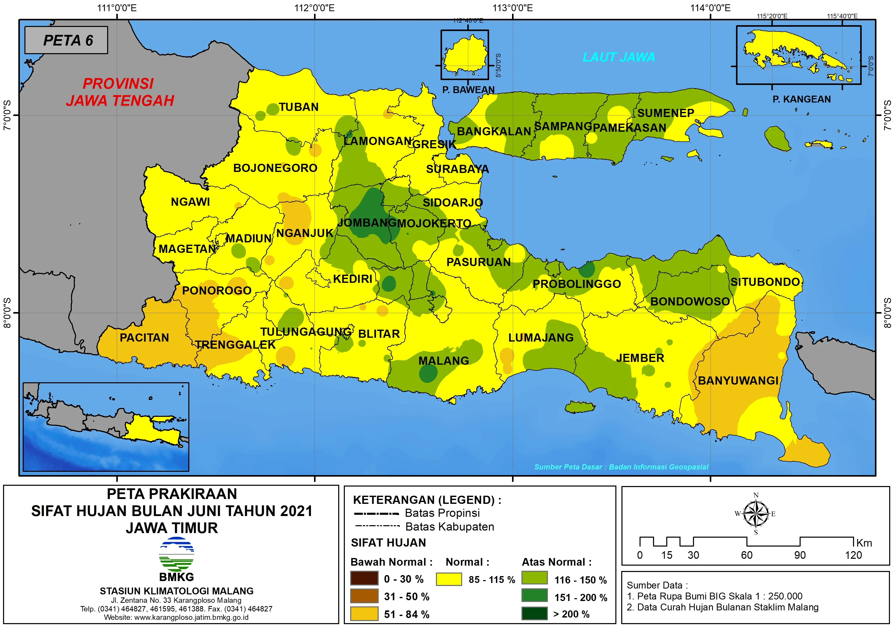 (Prakiraan - Bulanan) Sifat Hujan Bulan JUNI Tahun 2021 - Update dari Analisis Bulan Maret Tahun 2021 di Provinsi Jawa Timur