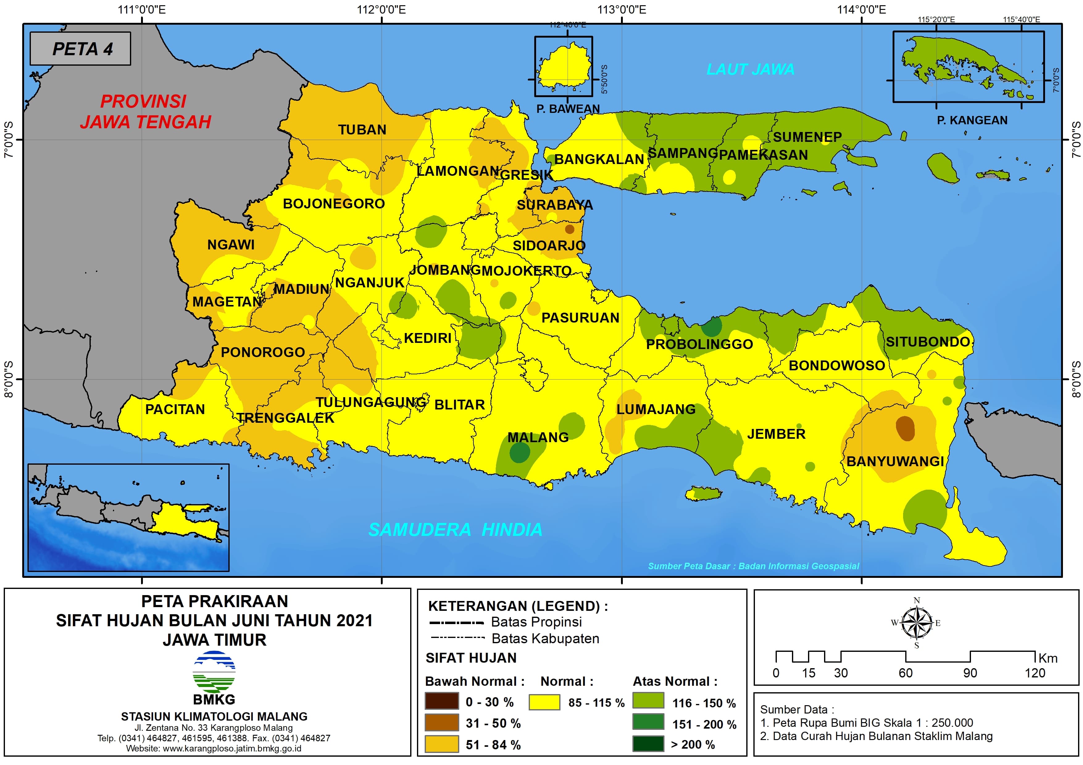(Prakiraan - Bulanan) Sifat Hujan Bulan JUNI Tahun 2021 - Update dari Analisis Bulan April Tahun 2021 di Provinsi Jawa Timur