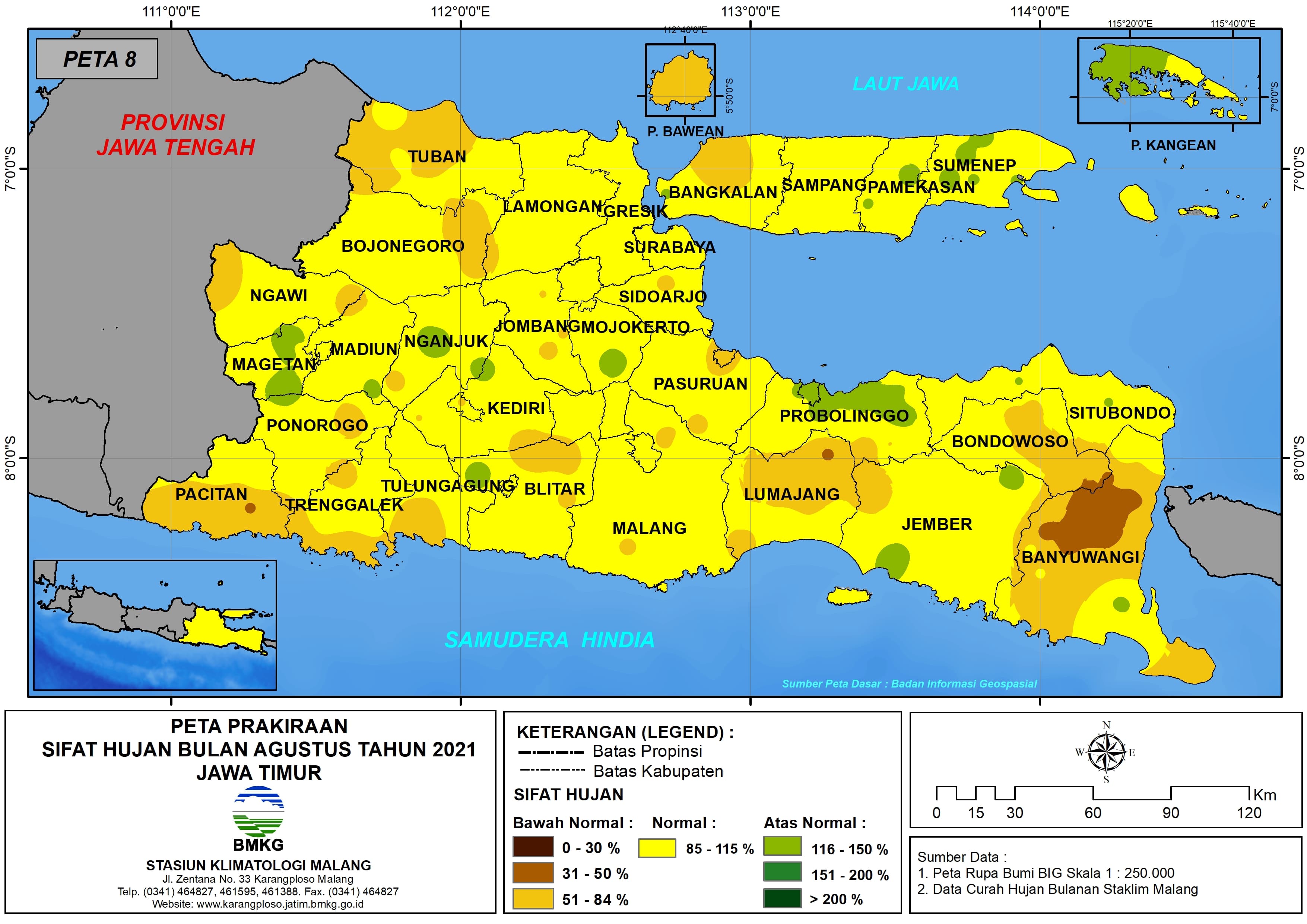 (Prakiraan - Bulanan) Sifat Hujan Bulan AGUSTUS Tahun 2021 - Update dari Analisis Bulan April Tahun 2021 di Provinsi Jawa Timur
