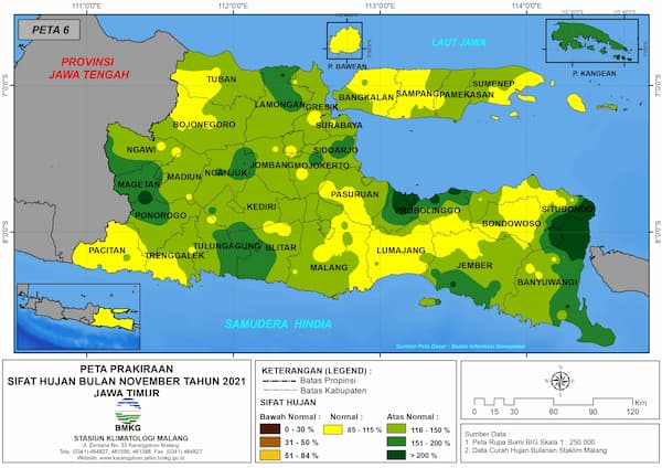 (Prakiraan - Bulanan) Sifat Hujan Bulan NOVEMBER Tahun 2021 - Update dari Analisis Bulan Agustus Tahun 2021 di Provinsi Jawa Timur