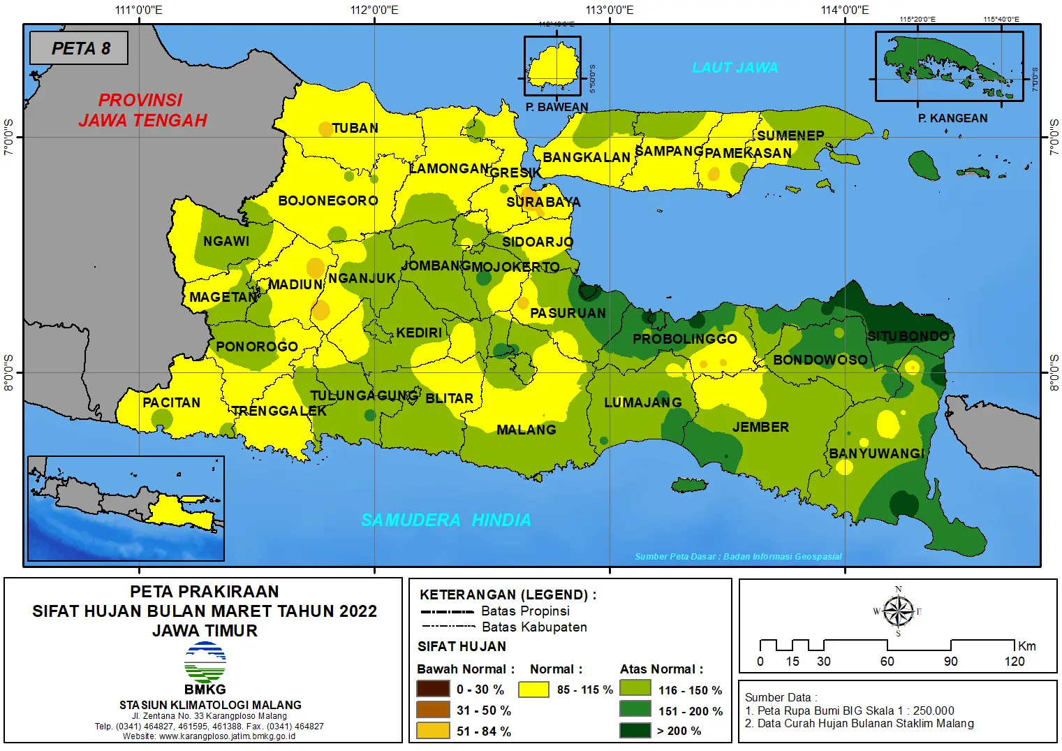 (Prakiraan - Bulanan) Sifat Hujan Bulan MARET Tahun 2022 - Update dari Analisis Bulan November Tahun 2021 di Provinsi Jawa Timur