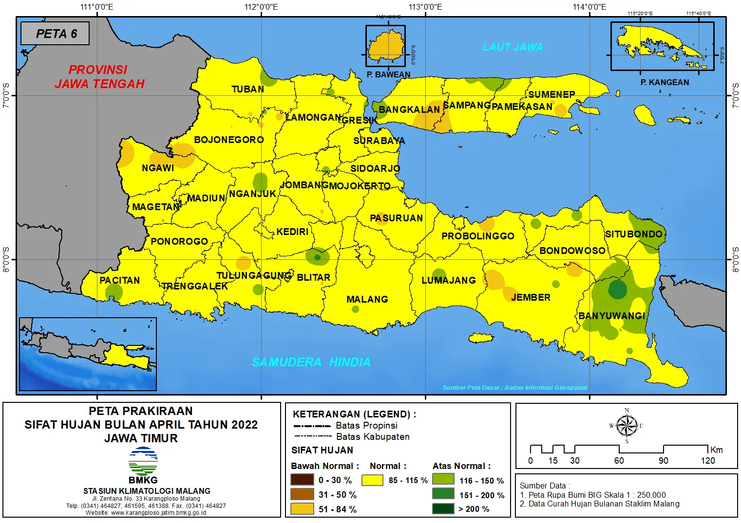 ( Prakiraan - Bulanan ) Sifat Hujan Bulan APRIL Tahun 2022 - Update dari Analisis Bulan Januari Tahun 2022 di Provinsi Jawa Timur