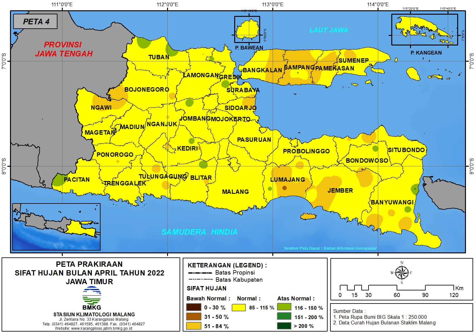 ( Prakiraan - Bulanan ) Sifat Hujan Bulan APRIL Tahun 2022 - Update dari Analisis Bulan Februari Tahun 2022 di Provinsi Jawa Timur