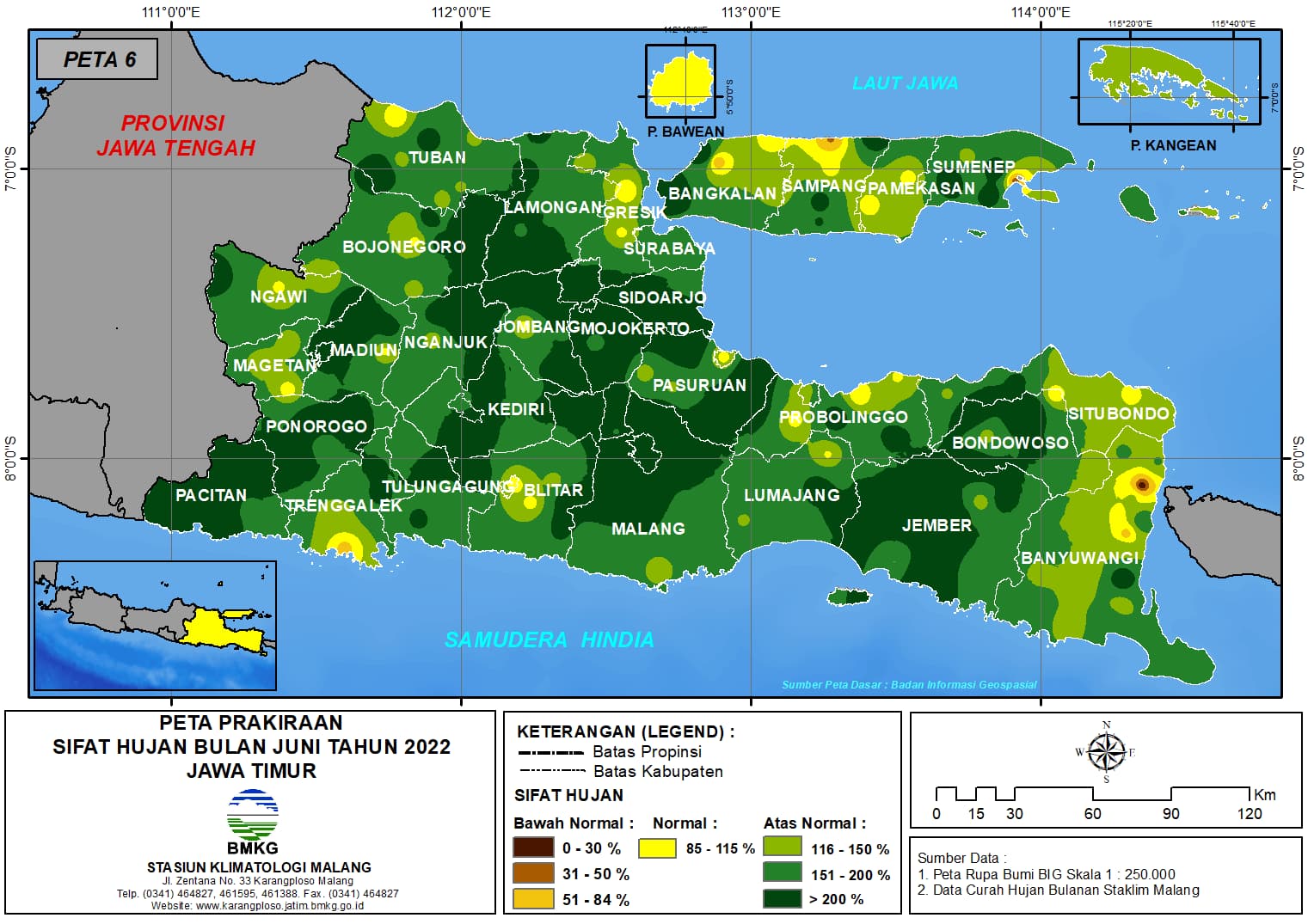 ( Prakiraan - Bulanan ) Sifat Hujan Bulan JUNI Tahun 2022 - Update dari Analisis Bulan Maret Tahun 2022 di Provinsi Jawa Timur