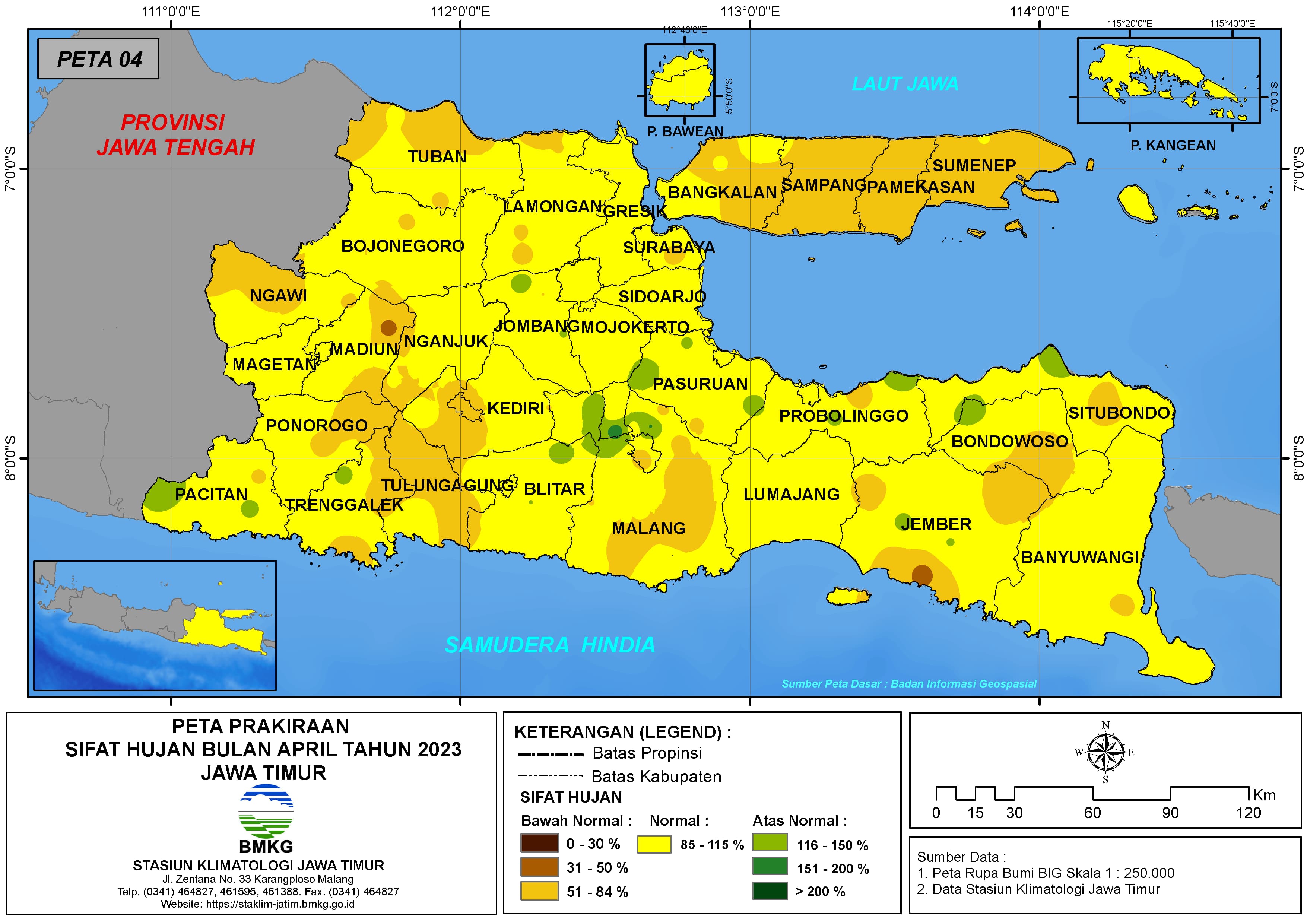 ( Prakiraan - Bulanan ) Sifat Hujan Bulan APRIL Tahun 2023 - Update dari Analisis Bulan Februari Tahun 2023 di Provinsi Jawa Timur