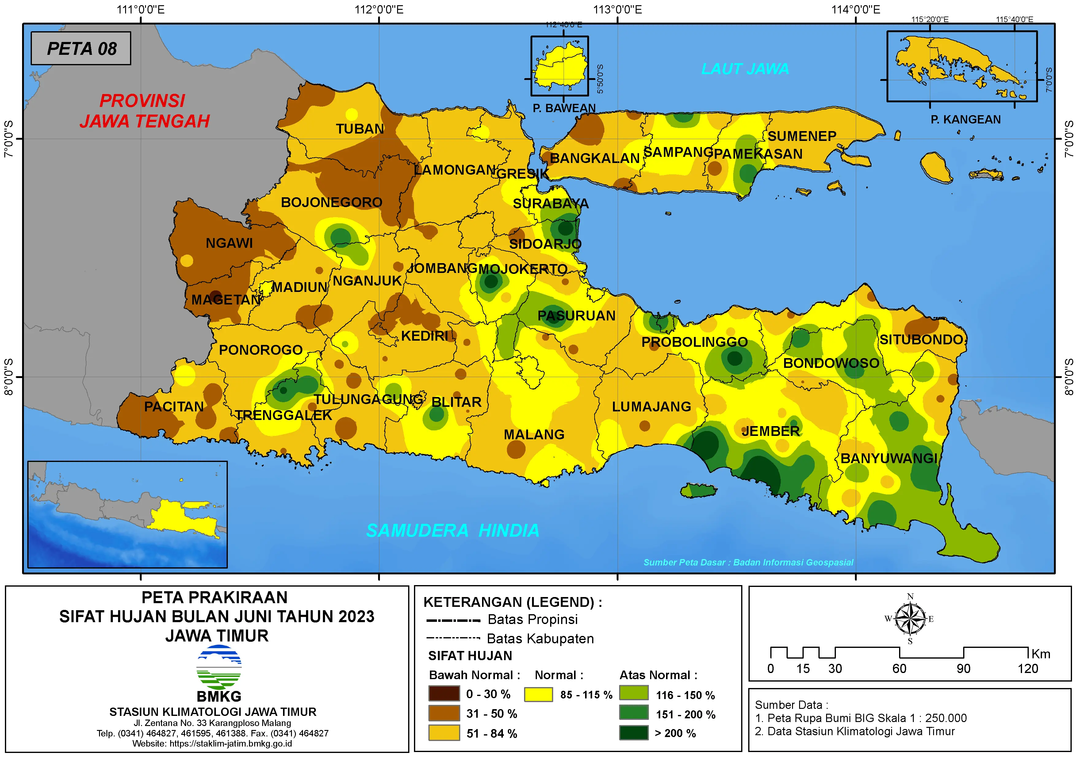 ( Prakiraan - Bulanan ) Sifat Hujan Bulan JUNI Tahun 2023 - Update dari Analisis Bulan Februari Tahun 2023 di Provinsi Jawa Timur