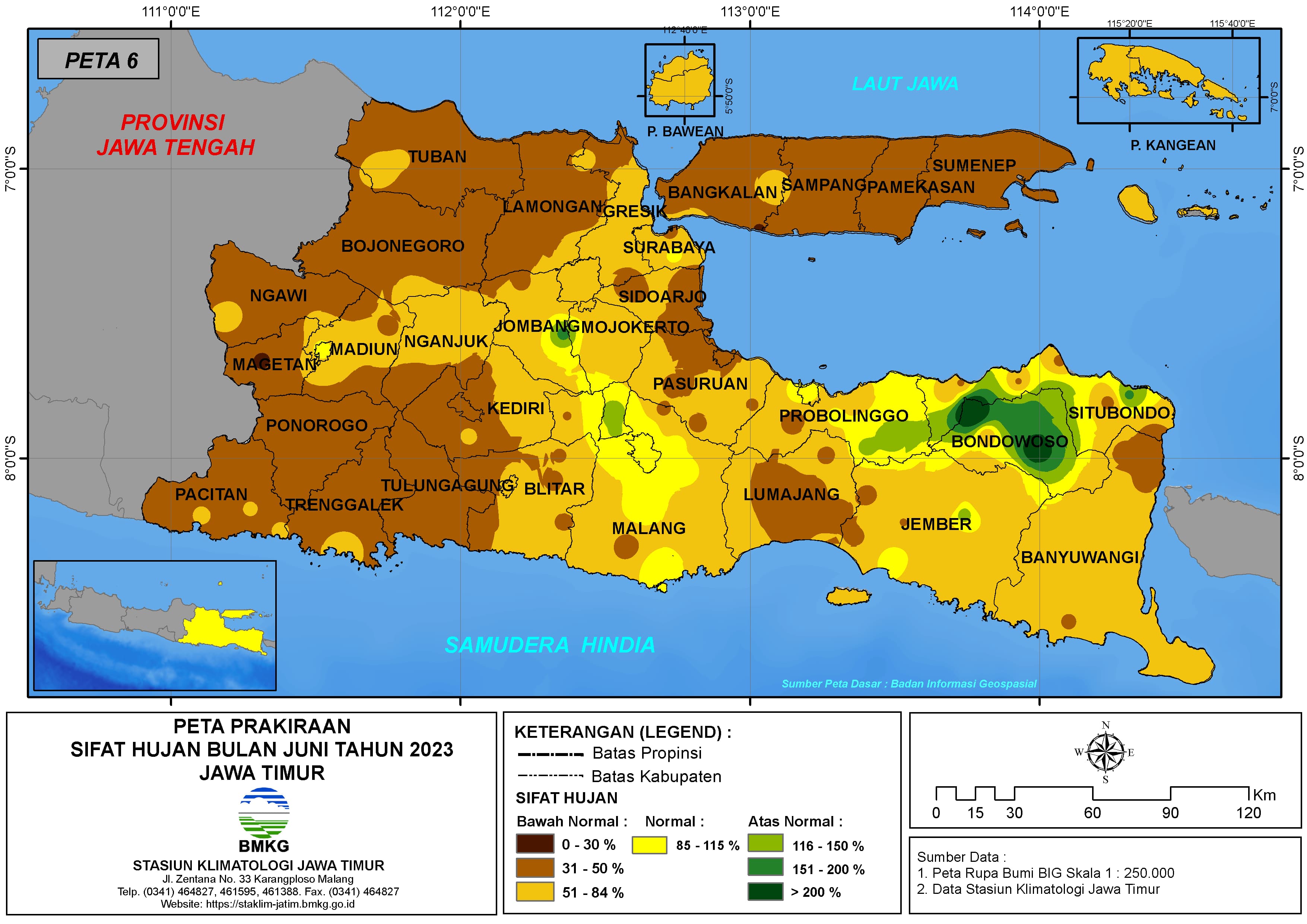 ( Prakiraan - Bulanan ) Sifat Hujan Bulan JUNI Tahun 2023 - Update dari Analisis Bulan Maret Tahun 2023 di Provinsi Jawa Timur