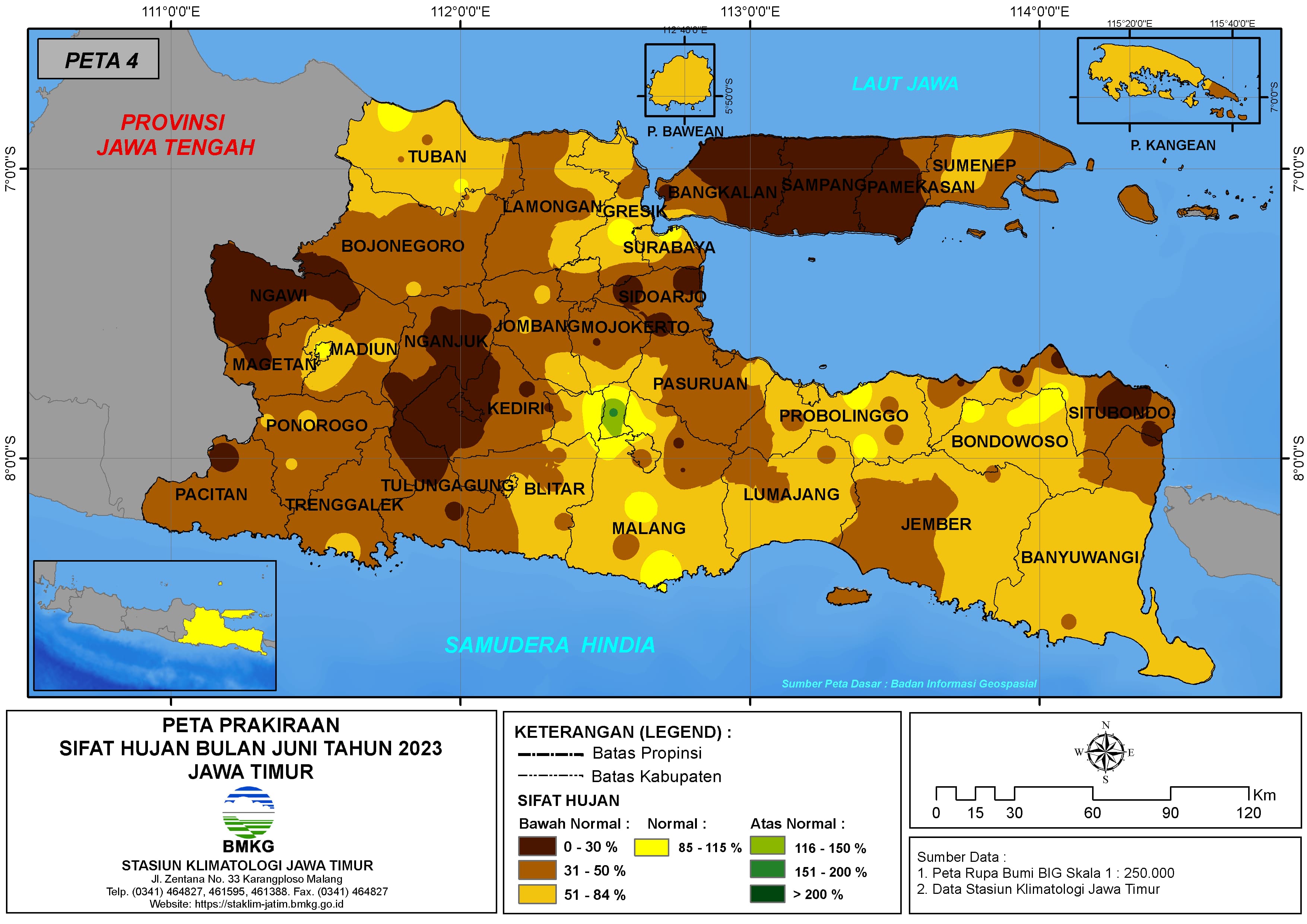 ( Prakiraan - Bulanan ) Sifat Hujan Bulan JUNI Tahun 2023 - Update dari Analisis Bulan April Tahun 2023 di Provinsi Jawa Timur