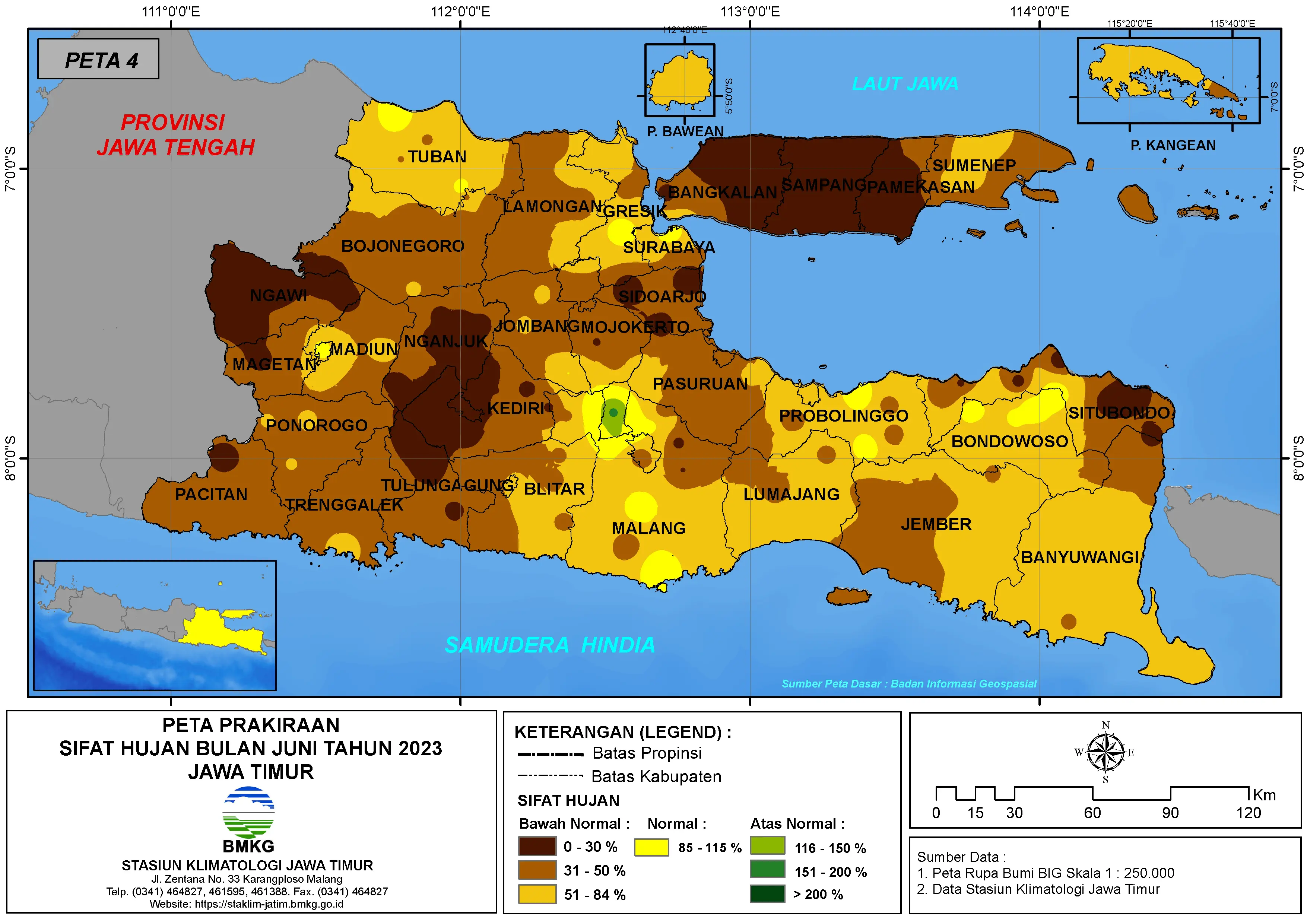 ( Prakiraan - Bulanan ) Sifat Hujan Bulan JUNI Tahun 2023 - Update dari Analisis Bulan April Tahun 2023 di Provinsi Jawa Timur