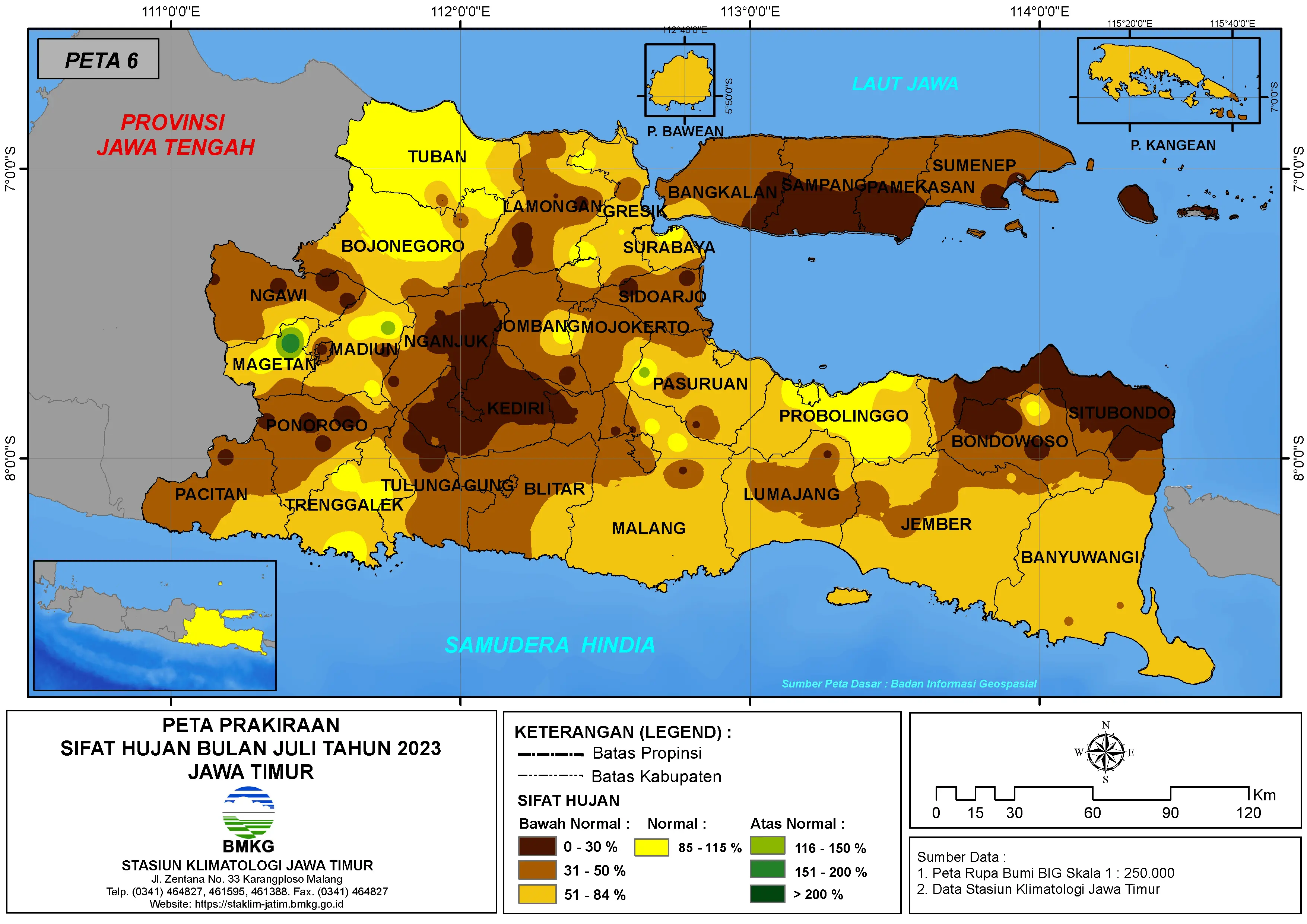 ( Prakiraan - Bulanan ) Sifat Hujan Bulan JULI Tahun 2023 - Update dari Analisis Bulan April Tahun 2023 di Provinsi Jawa Timur