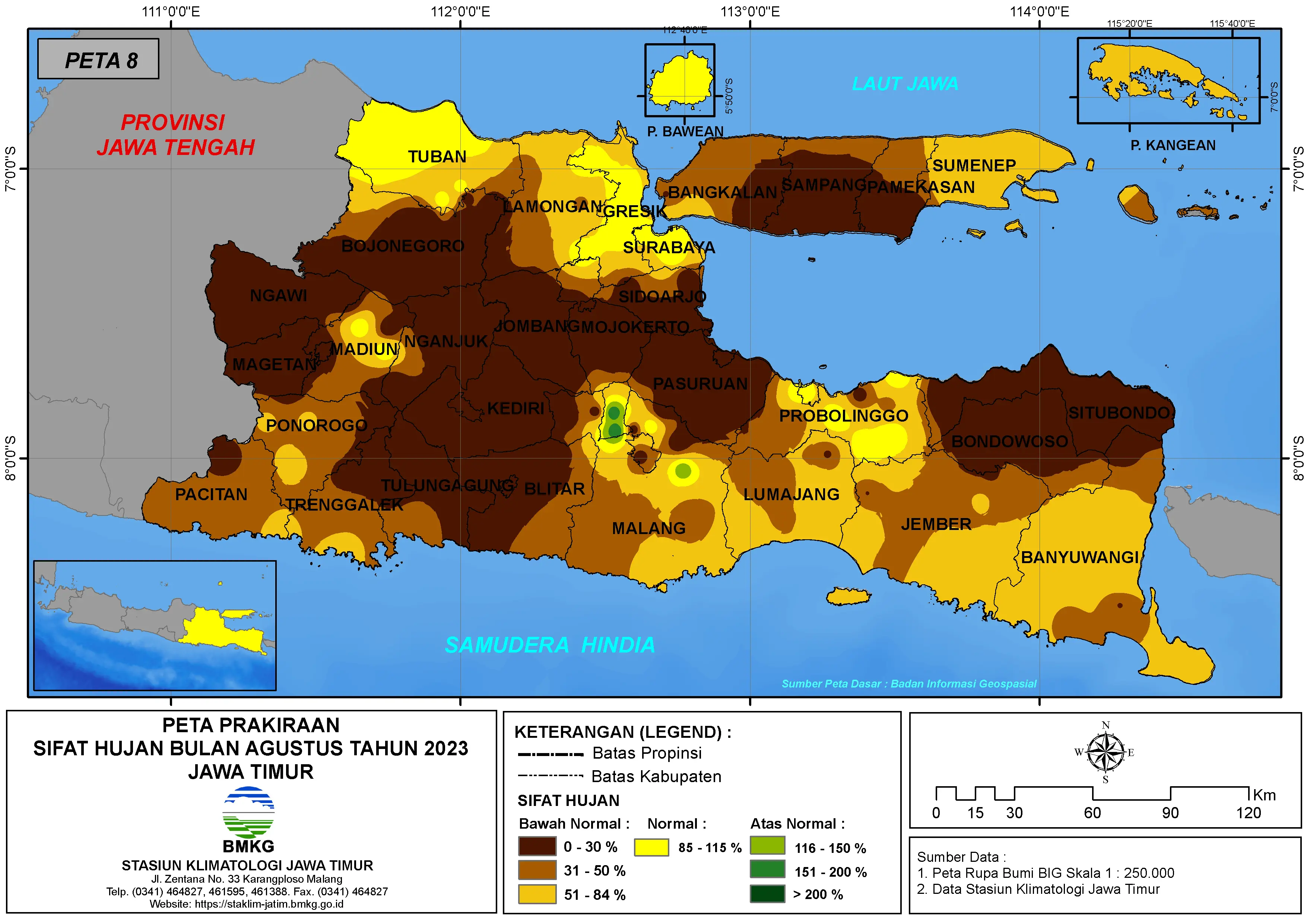 ( Prakiraan - Bulanan ) Sifat Hujan Bulan AGUSTUS Tahun 2023 - Update dari Analisis Bulan April Tahun 2023 di Provinsi Jawa Timur
