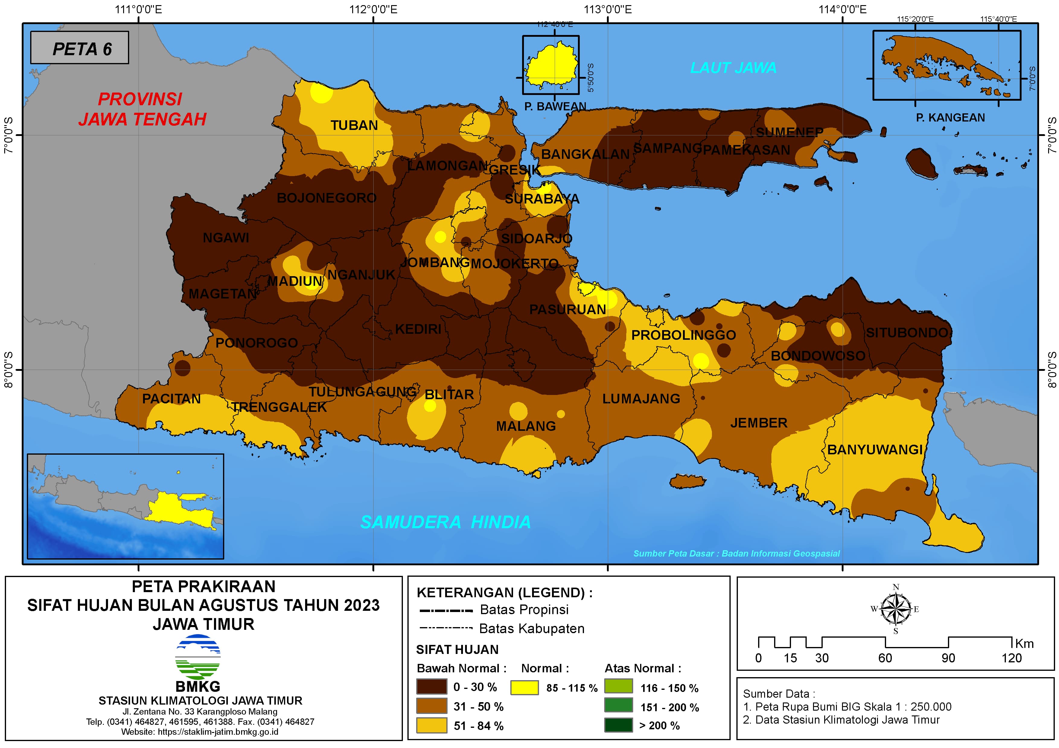 ( Prakiraan - Bulanan ) Sifat Hujan Bulan AGUSTUS Tahun 2023 - Update dari Analisis Bulan Mei Tahun 2023 di Provinsi Jawa Timur
