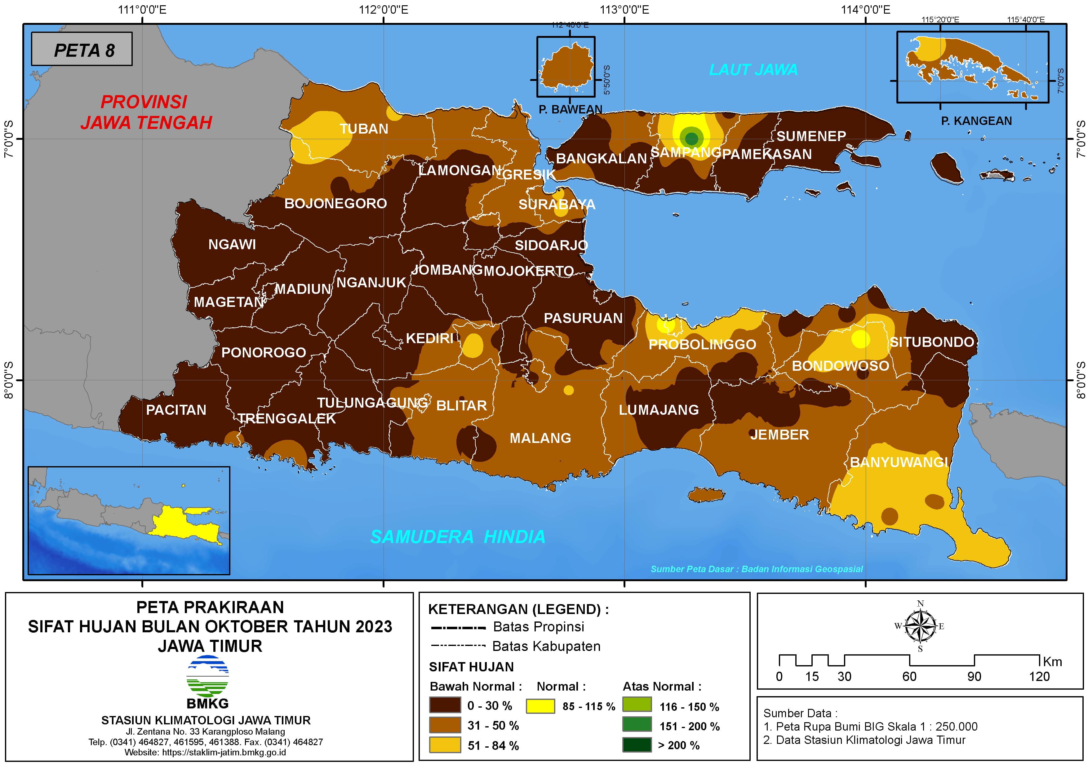 ( Prakiraan - Bulanan ) Sifat Hujan Bulan OKTOBER Tahun 2023 - Update dari Analisis Bulan Juni Tahun 2023 di Provinsi Jawa Timur