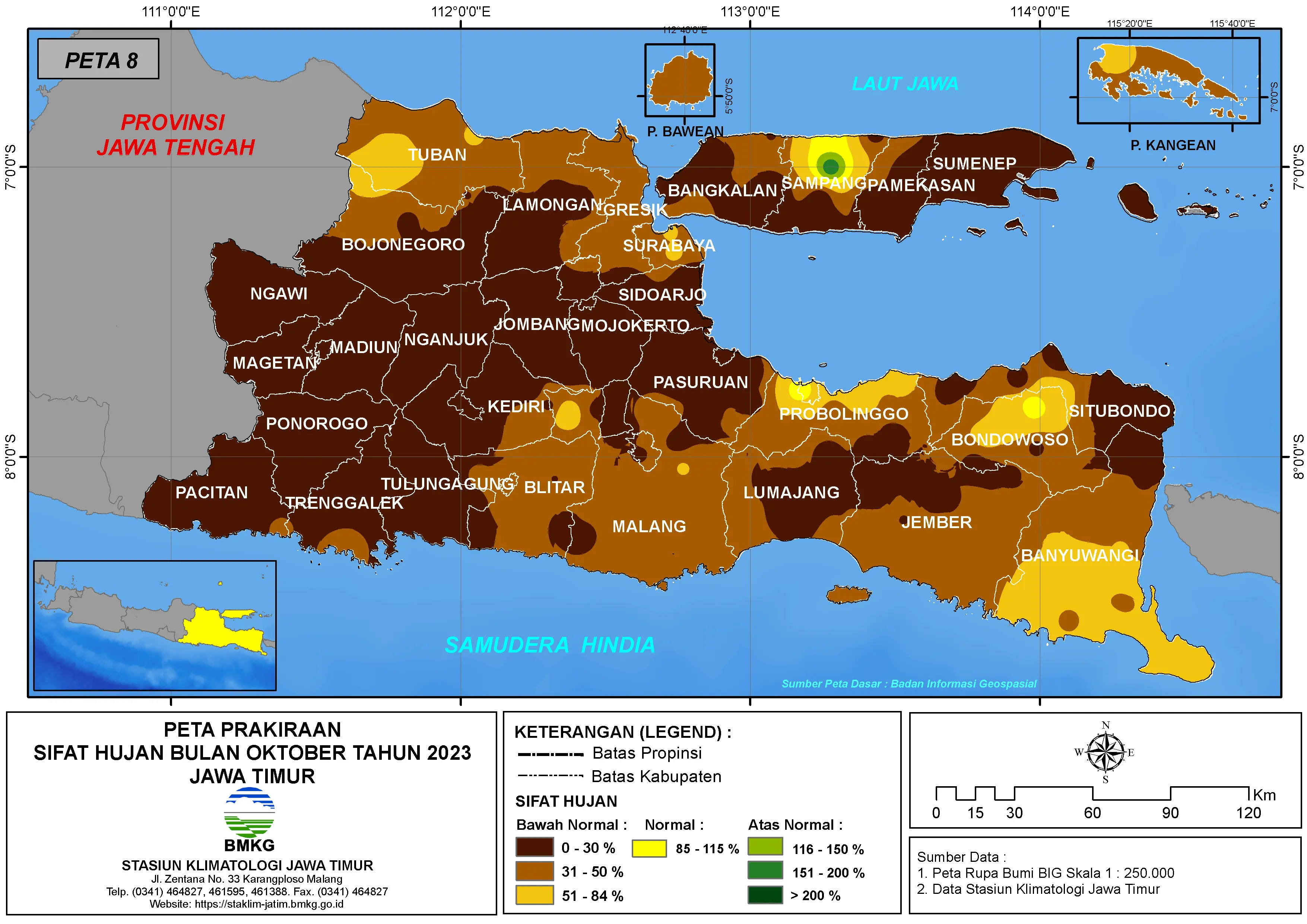 ( Prakiraan - Bulanan ) Sifat Hujan Bulan OKTOBER Tahun 2023 - Update dari Analisis Bulan Juni Tahun 2023 di Provinsi Jawa Timur
