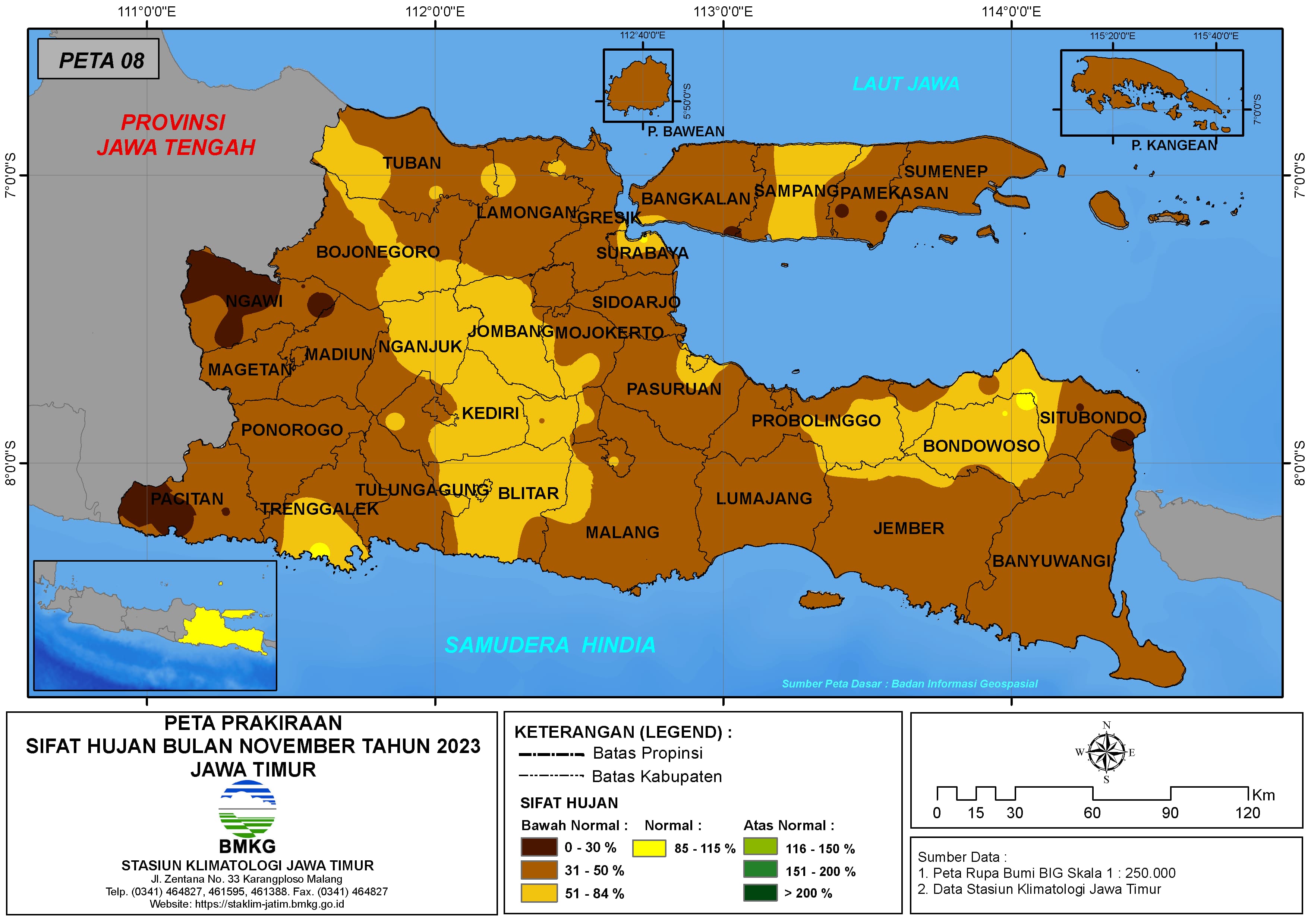 ( Prakiraan - Bulanan ) Sifat Hujan Bulan NOVEMBER Tahun 2023 - Update dari Analisis Bulan Juli Tahun 2023 di Provinsi Jawa Timur
