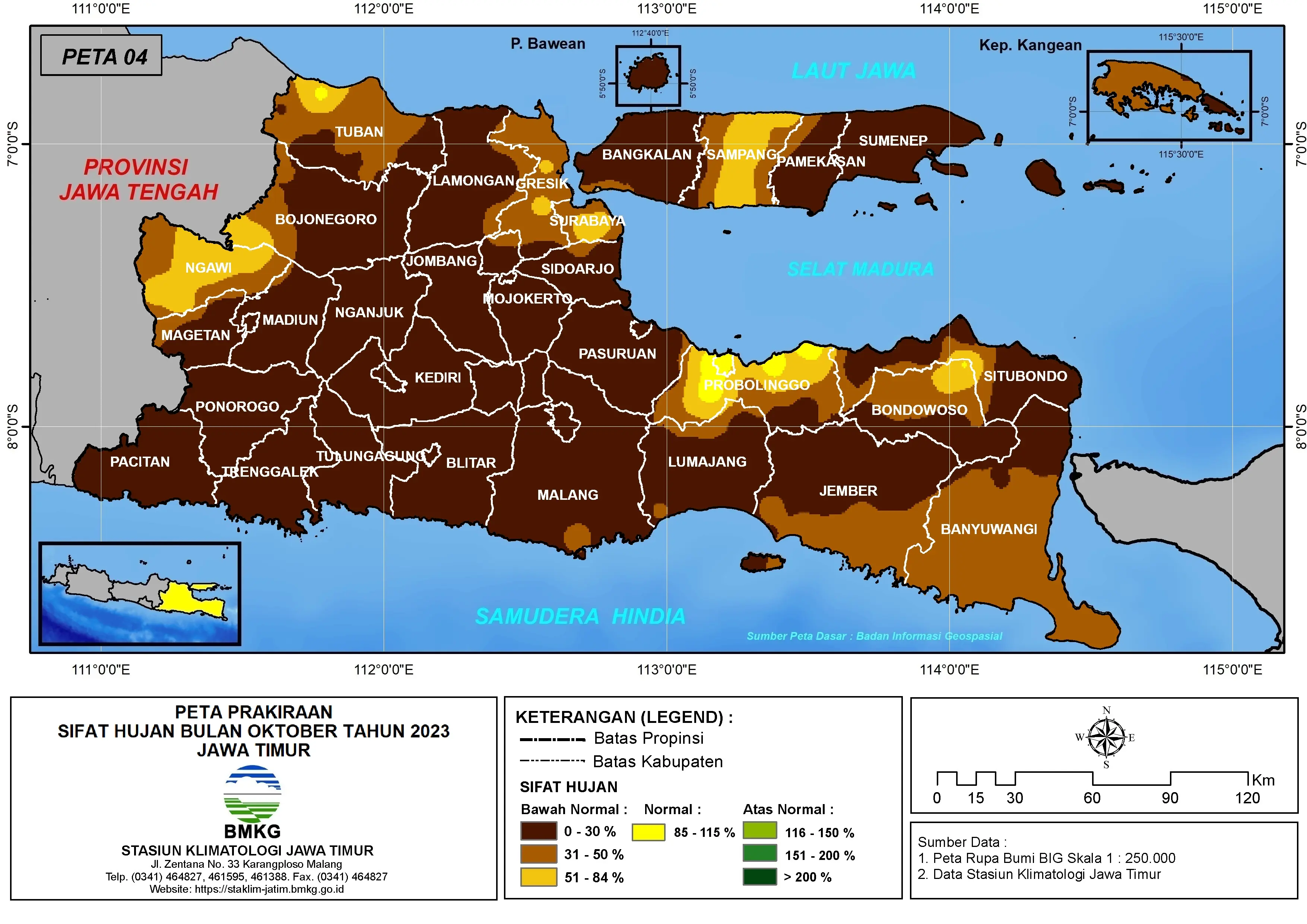 ( Prakiraan - Bulanan ) Sifat Hujan Bulan OKTOBER Tahun 2023 - Update dari Analisis Bulan Agustus Tahun 2023 di Provinsi Jawa Timur
