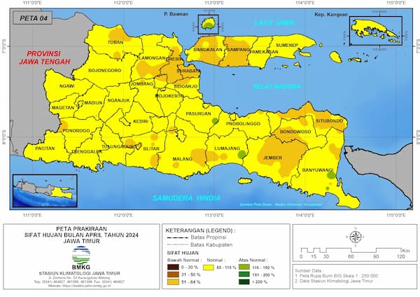 ( Prakiraan - Bulanan ) Sifat Hujan Bulan APRIL Tahun 2024 - Update dari Analisis Bulan Februari Tahun 2024 di Provinsi Jawa Timur