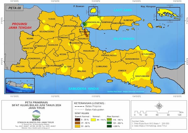 ( Prakiraan - Bulanan ) Sifat Hujan Bulan JUNI Tahun 2024 - Update dari Analisis Bulan Februari Tahun 2024 di Provinsi Jawa Timur